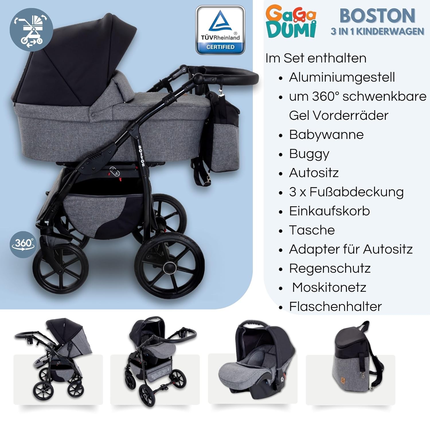 GaGaDumi Boston Kinderwagen 3 in 1 Komplettset mit Autositz - Kombikinderwagen mit großen Rädern - TÜV-zertifiziert - Baby Stroller Set - für Neugeborene und Kleinkinder Grau Jeans
