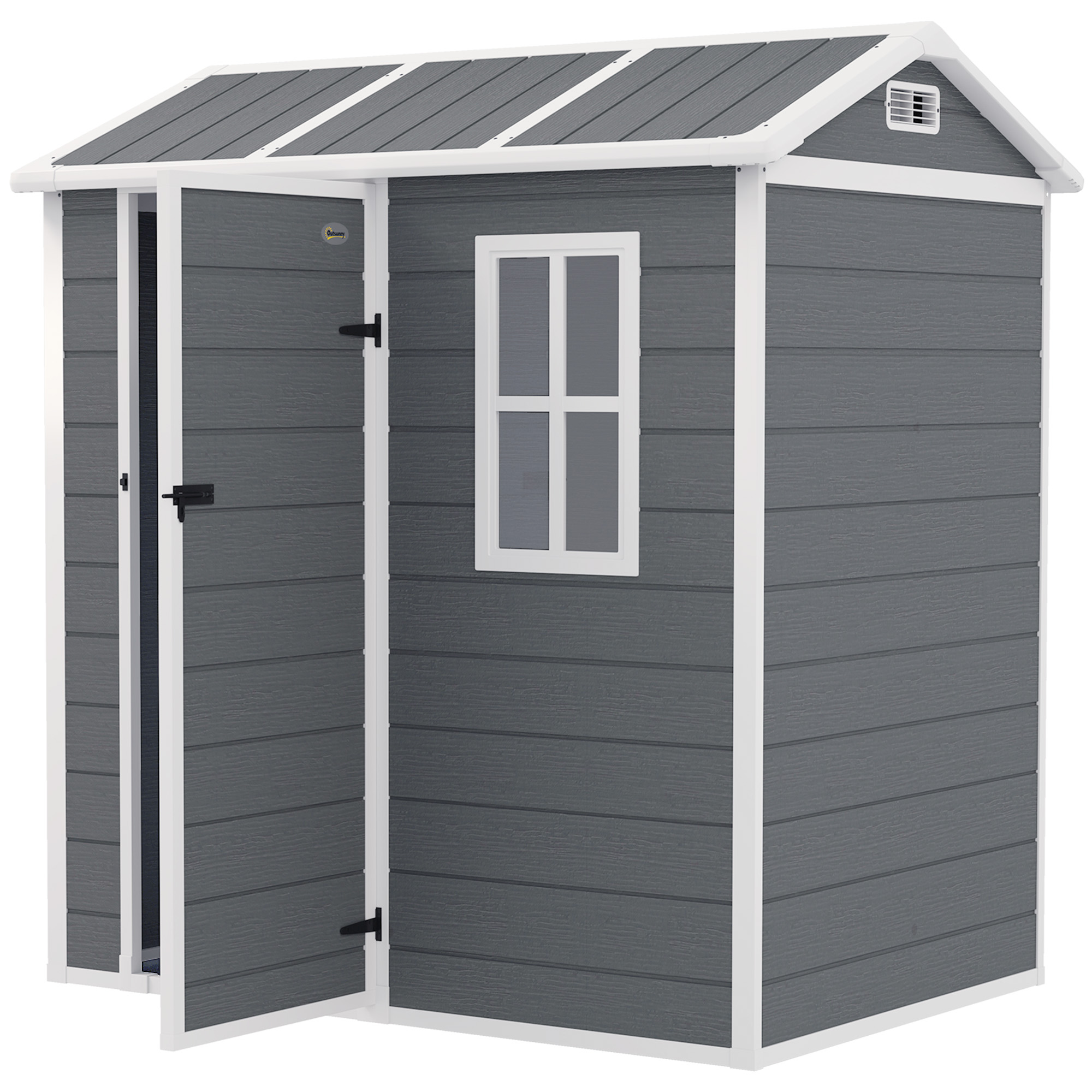 Outsunny Tuinhuis, Gereedschapsschuur met Bodem, Raam, Afsluitbare Deur, Kunststof-Harz, Weerbestendig, Grijs
