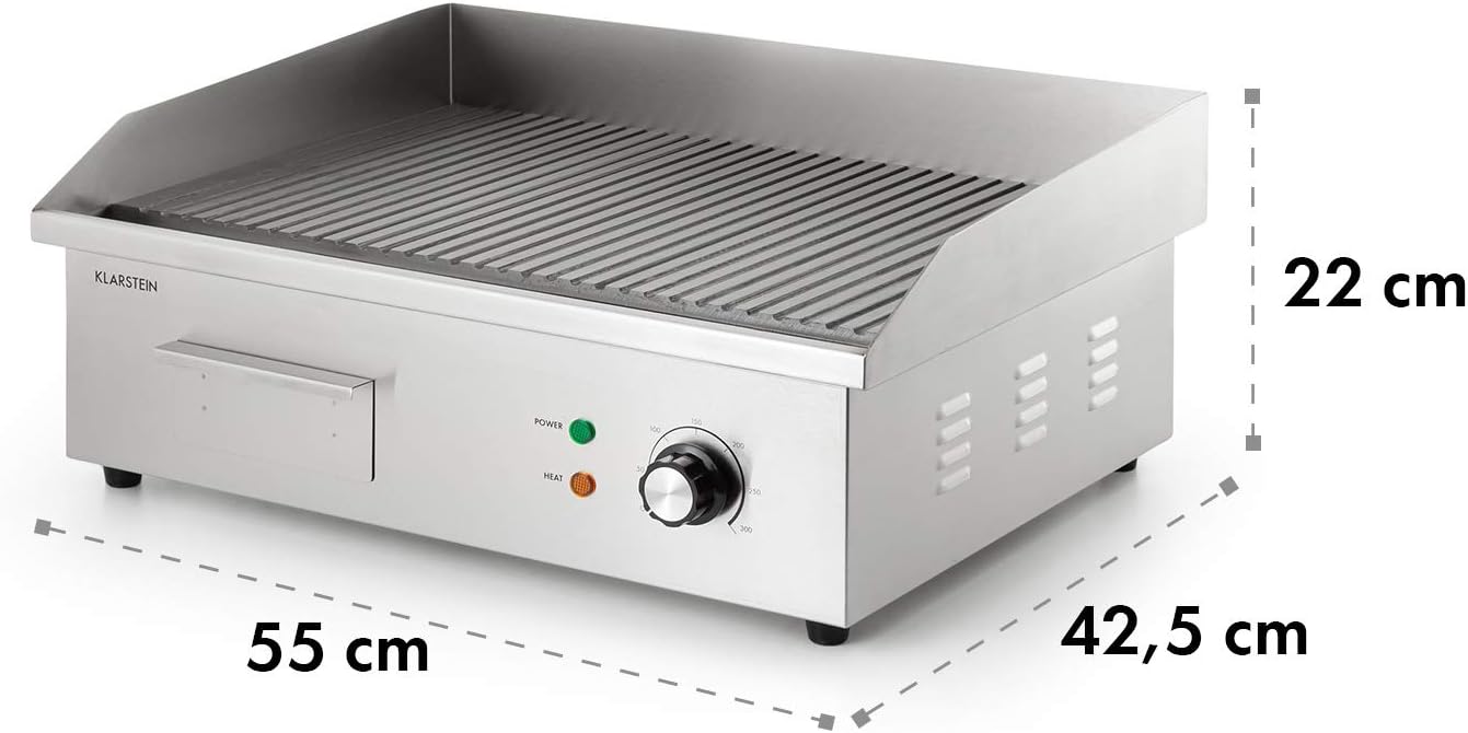 Klarstein Elektrogrill, Grillplatte, Elektrische Grillplatte, Tischgrill, Elektrogrill aus Edelstahl, Spritzschutz & Auffangbehälter, Glatte XL Grillfläche: 54,5x35 cm, Stufenlos 50-300 °C, 3000 Watt