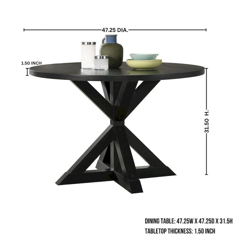5 Piece Dining Table Set, Wooden Kitchen Furniture Set, Round Table with Cross-Buck Pedestal Base and 4 Tufted Chairs