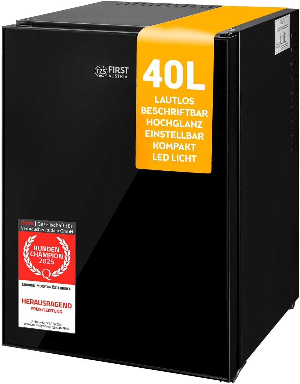 TZS First Austria - Mini Kühlschrank 40L lautlos - Kleiner Minikühlschrank wechselbarer Türanschlag & Innenbeleuchtung - Minibar für Camping, Büro, Schlafzimmer & Hotel - Glasfront