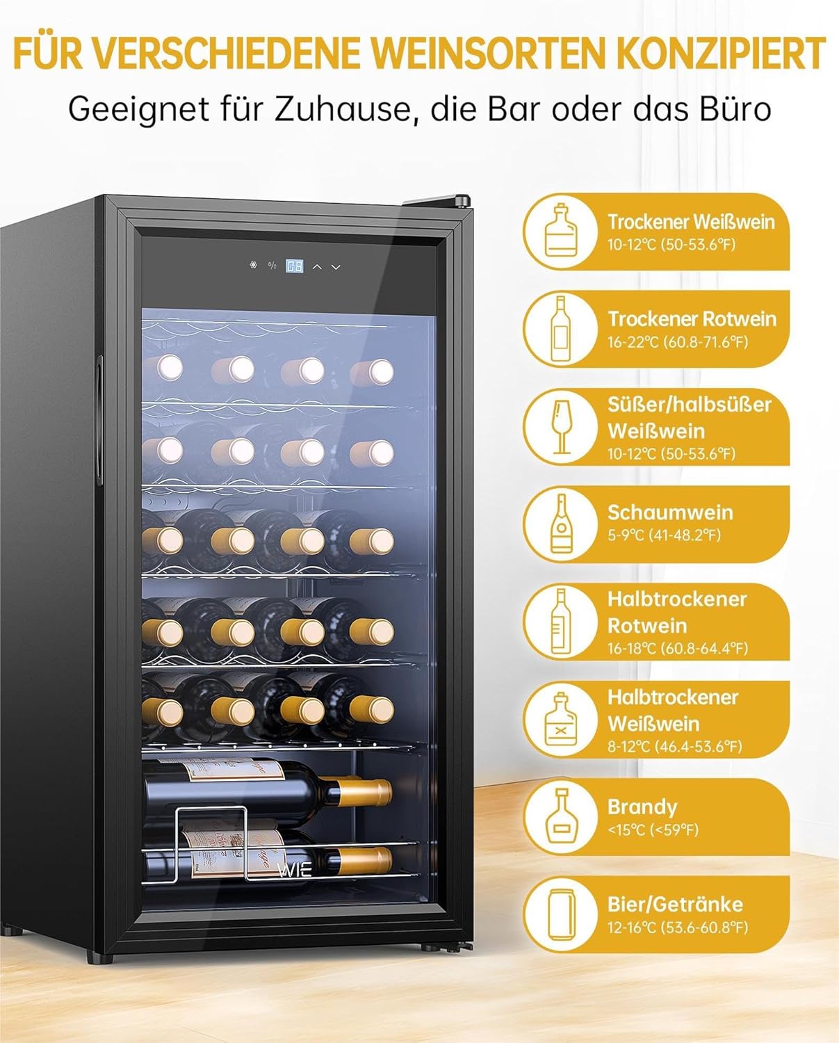 WIE Weinkühlschrank Compressor 82 Liter 28 Flaschen Getränkekühlschrank Kleiner Weinschrank Klein mit Glastür,Vollglas-Designtür mit LED Touchpanel,Anti-UV, Wine Fridge 5-18°C