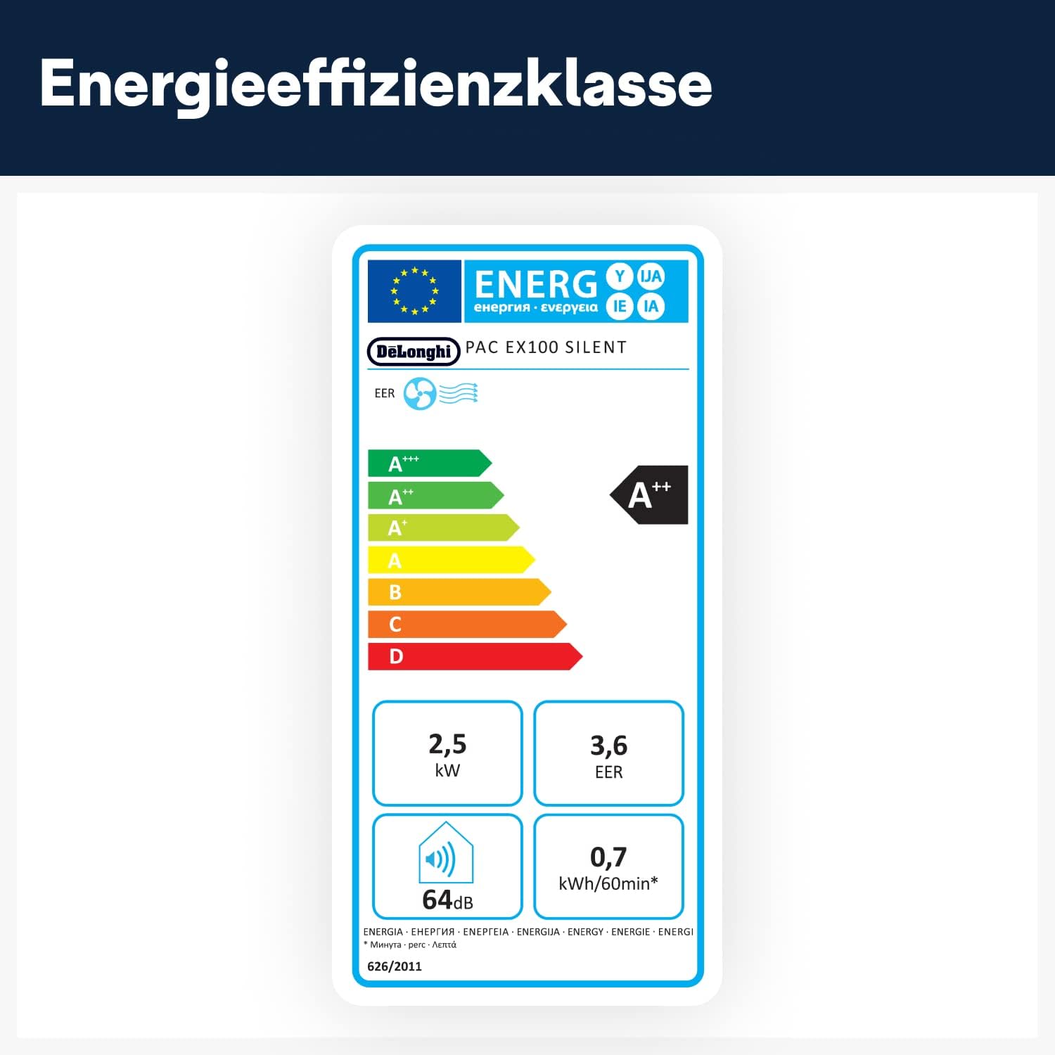 De'Longhi Pinguino PAC EX100 Silent mobiles Klimagerät mit Abluftschlauch, Klimaanlage für Räume bis 110 m³, Luftentfeuchter, Ventilationsfunktion, 24h-Timer, Weiß