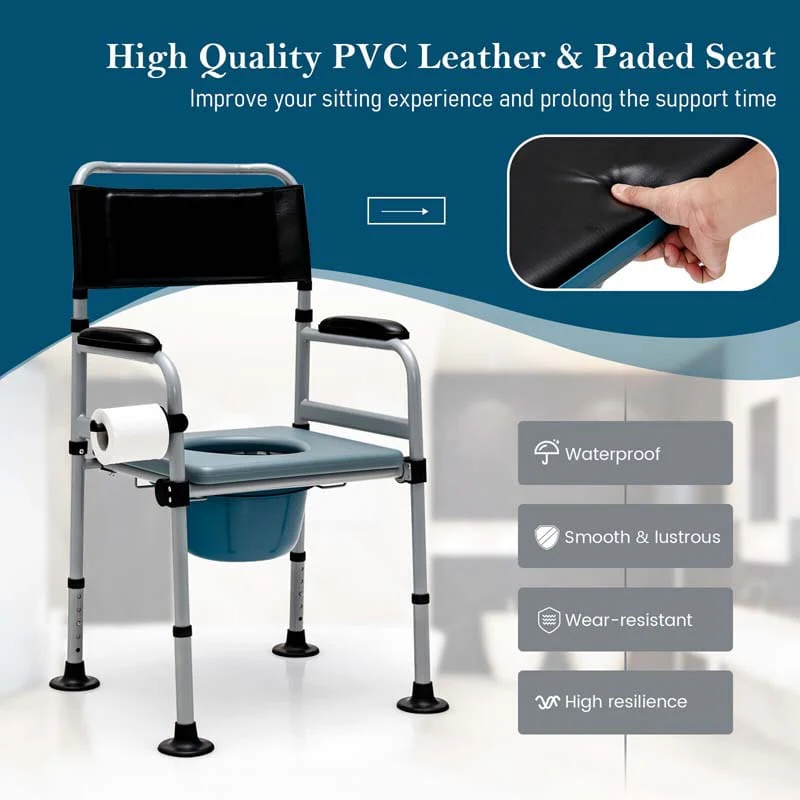 4-in-1 Folding Bedside Commode Chair with Arms, Height Adjustable Portable Toilet Bath Shower Potty Chair