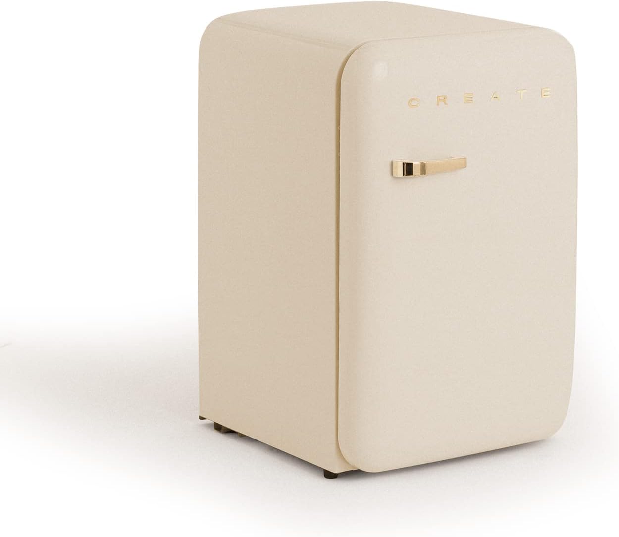 CREATE / RÉTRO FRIGO 83.5 ARGENT/Réfrigérateur blanc cassé avec poignée or / 98W, basse consommation, 2 étagères, régulateur de température, porte-bouteilles, 56x54x84cm.
