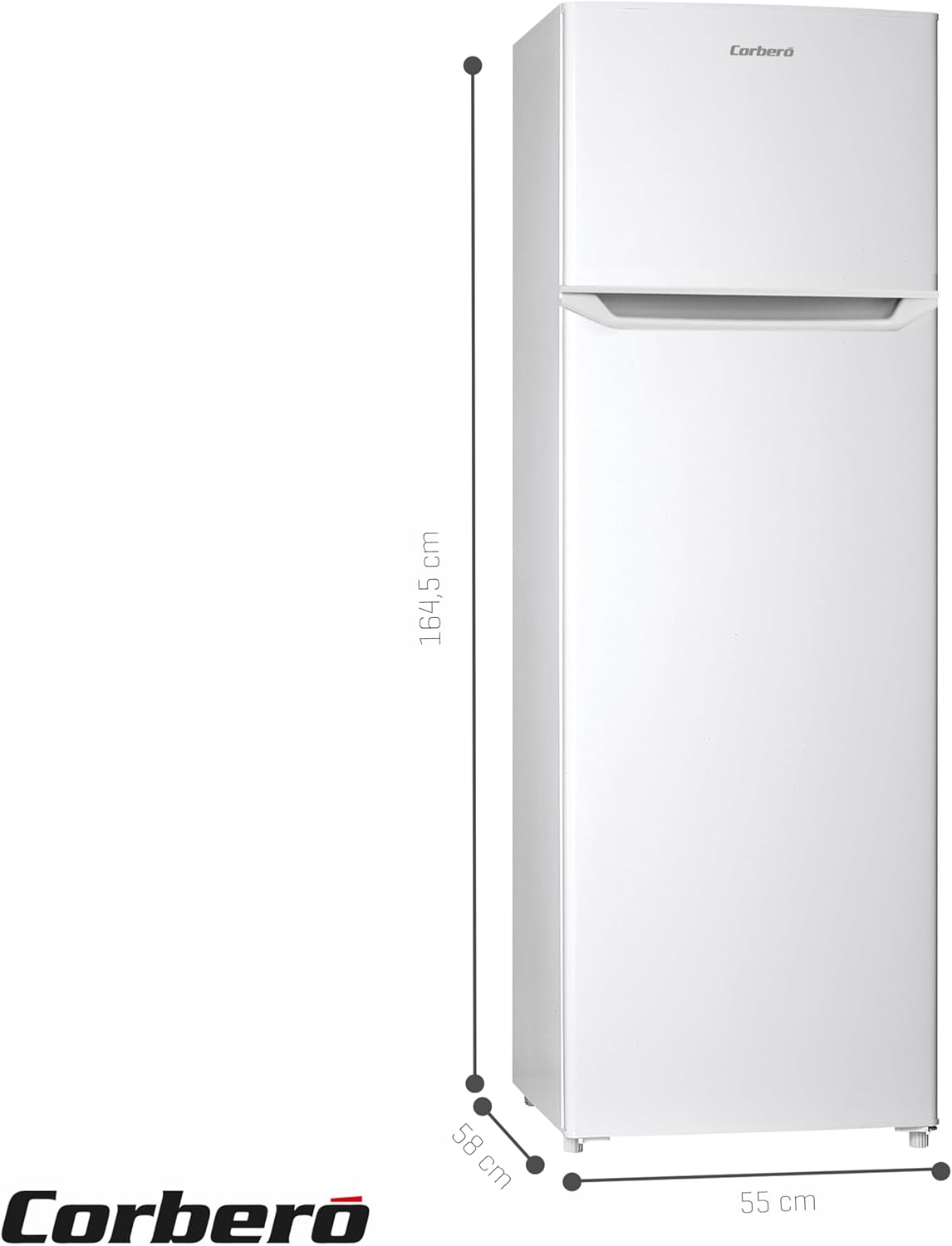 Corberó - Frigorífico 2 Puertas | CF2PH1664W | 248L | 164.5cm | Luz interior | Cajón Crisper | Estantes de cristal ajustables | Descongelación Manual | Blanco