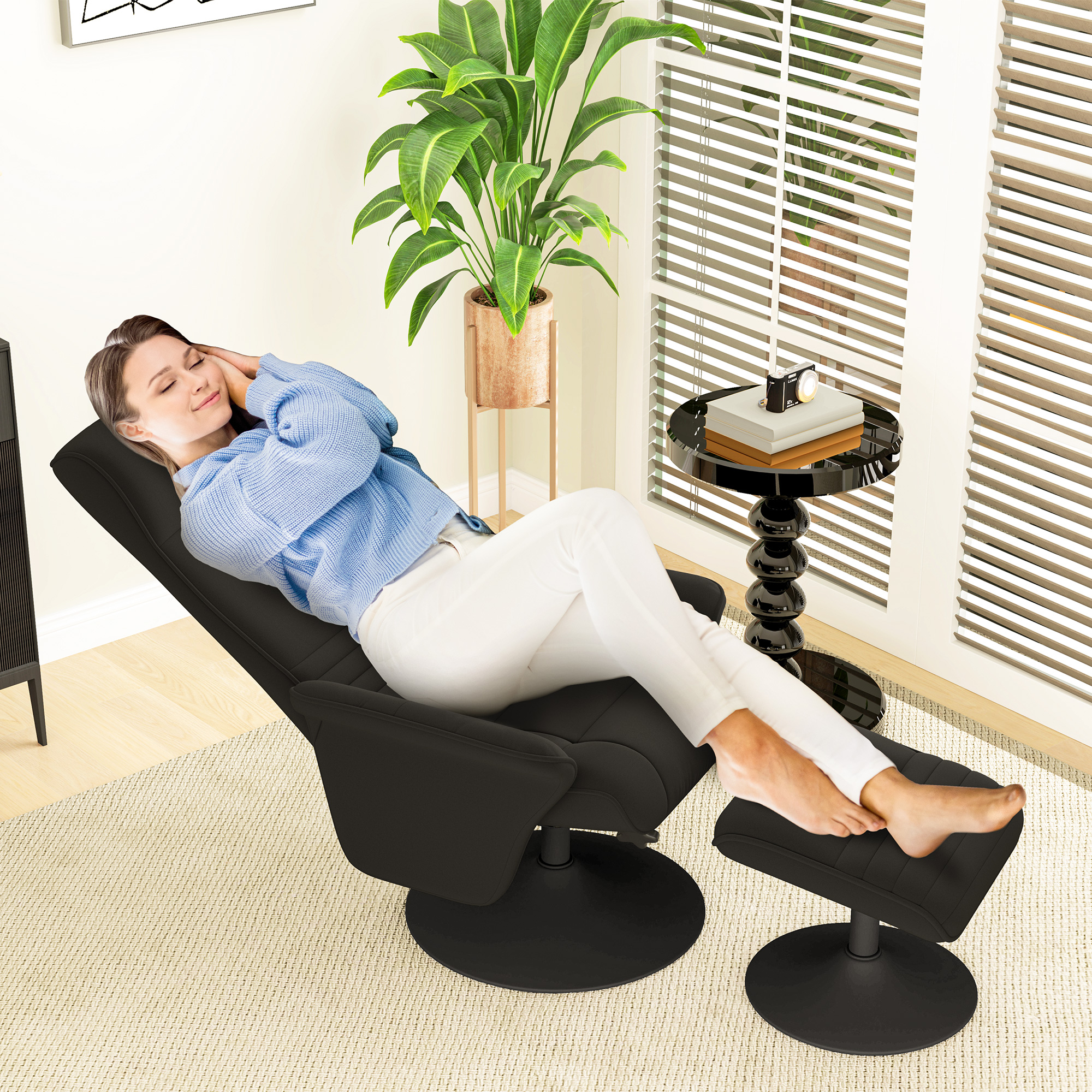 Polsterfauteuil, Accentstoel met Voetenbank, Draaibaar, Ergonomisch, Microvezeldoek, tot 150 kg, Zwart