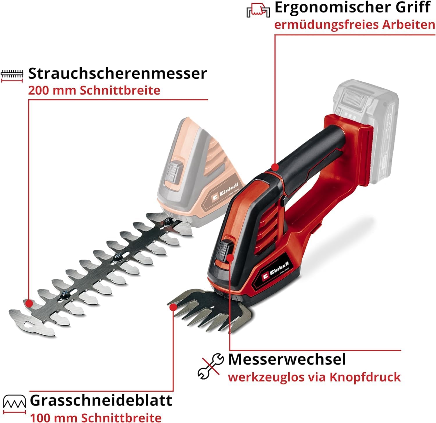 Einhell Akku-Gras- und Strauchschere GE-CG 18/100 Li-Solo Power X-Change (Li-Ion, 18 V, Schnittbreite Grasscherenmesser 100 mm, Strauchscherenmesser 200 mm, ohne Akku und Ladegert)