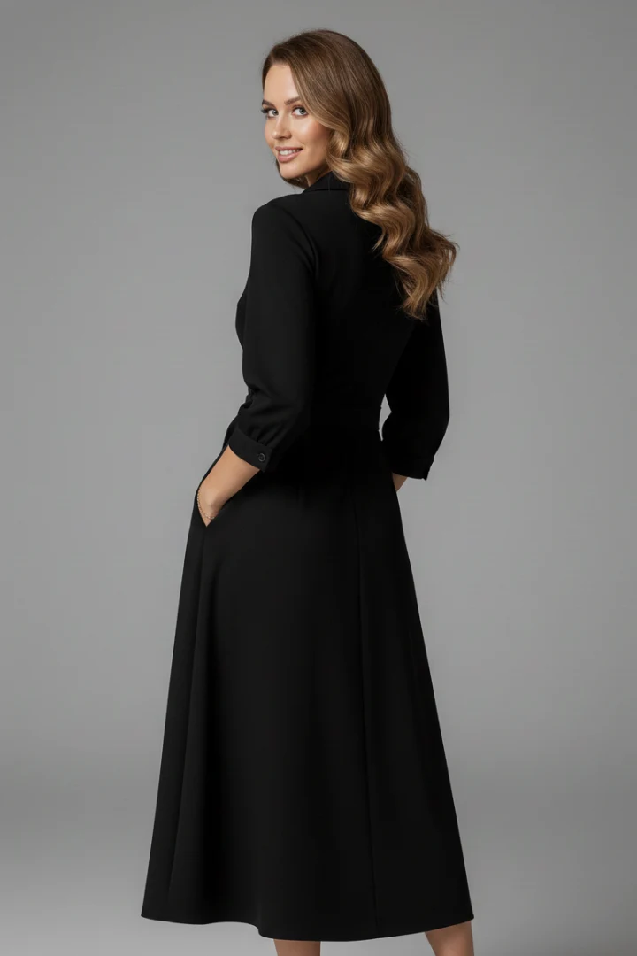 Damen Midi-Kleid mit V-Ausschnitt und Reverskragen | Langarm A-Linien Kleid mit Bindeg��rtel und Schlitz | Klassisches Midikleid