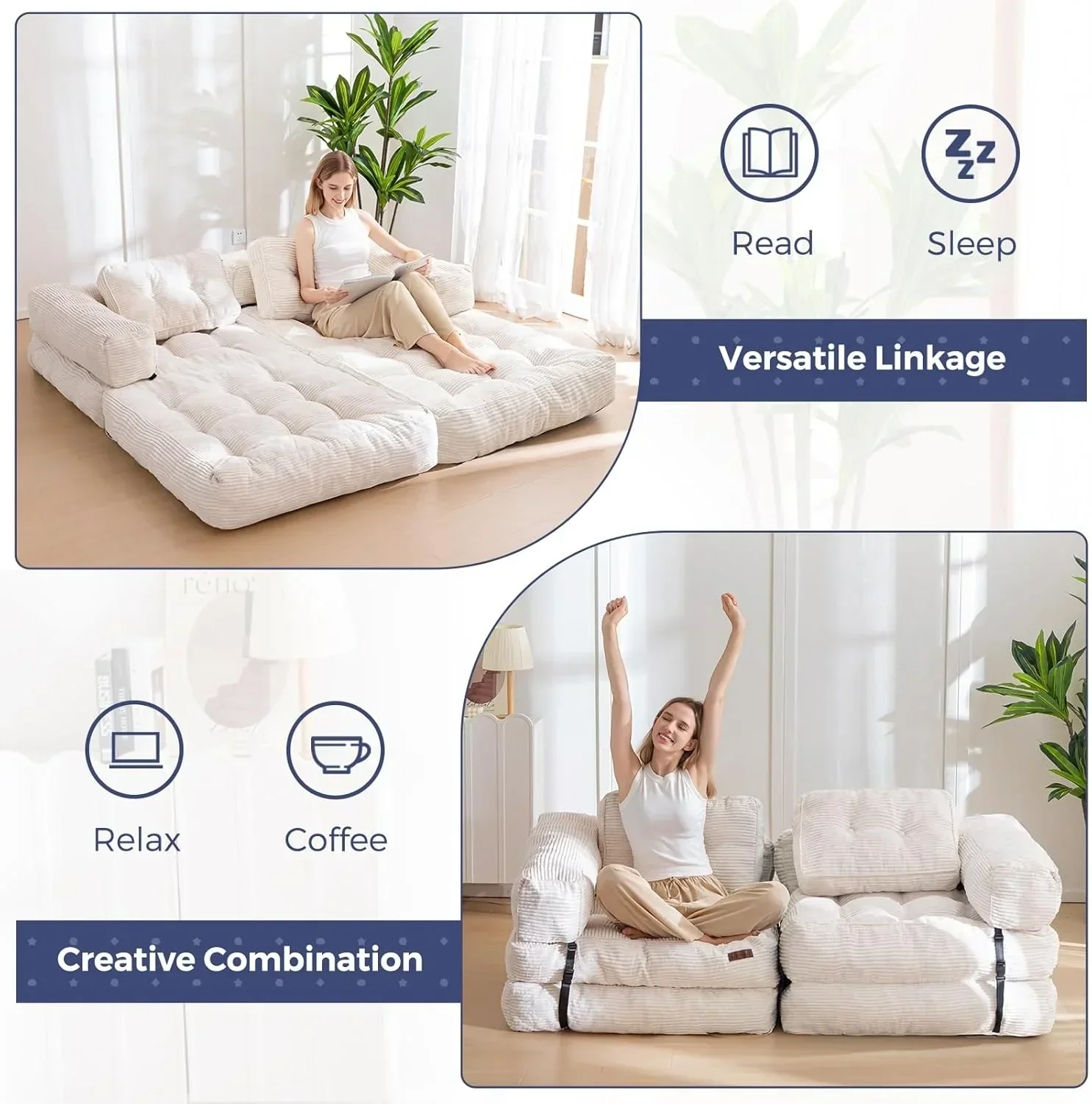 Folding Sofa Bed L-Shaped Convertible Sofa Bed with Armrests and Pillows