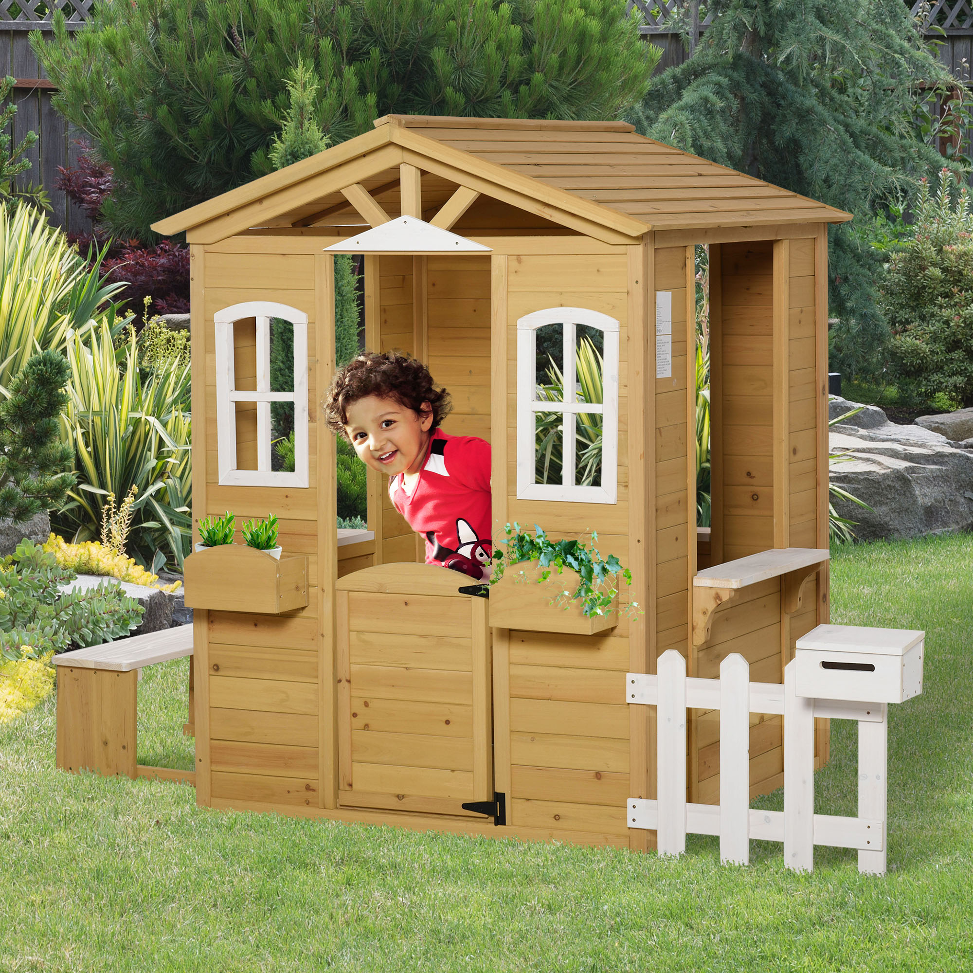 Outsunny Houten kinderspeelhuis Tuinspeelhuis met deur, ramen, plantenbak en bankje voor kinderen 3-6 jaar