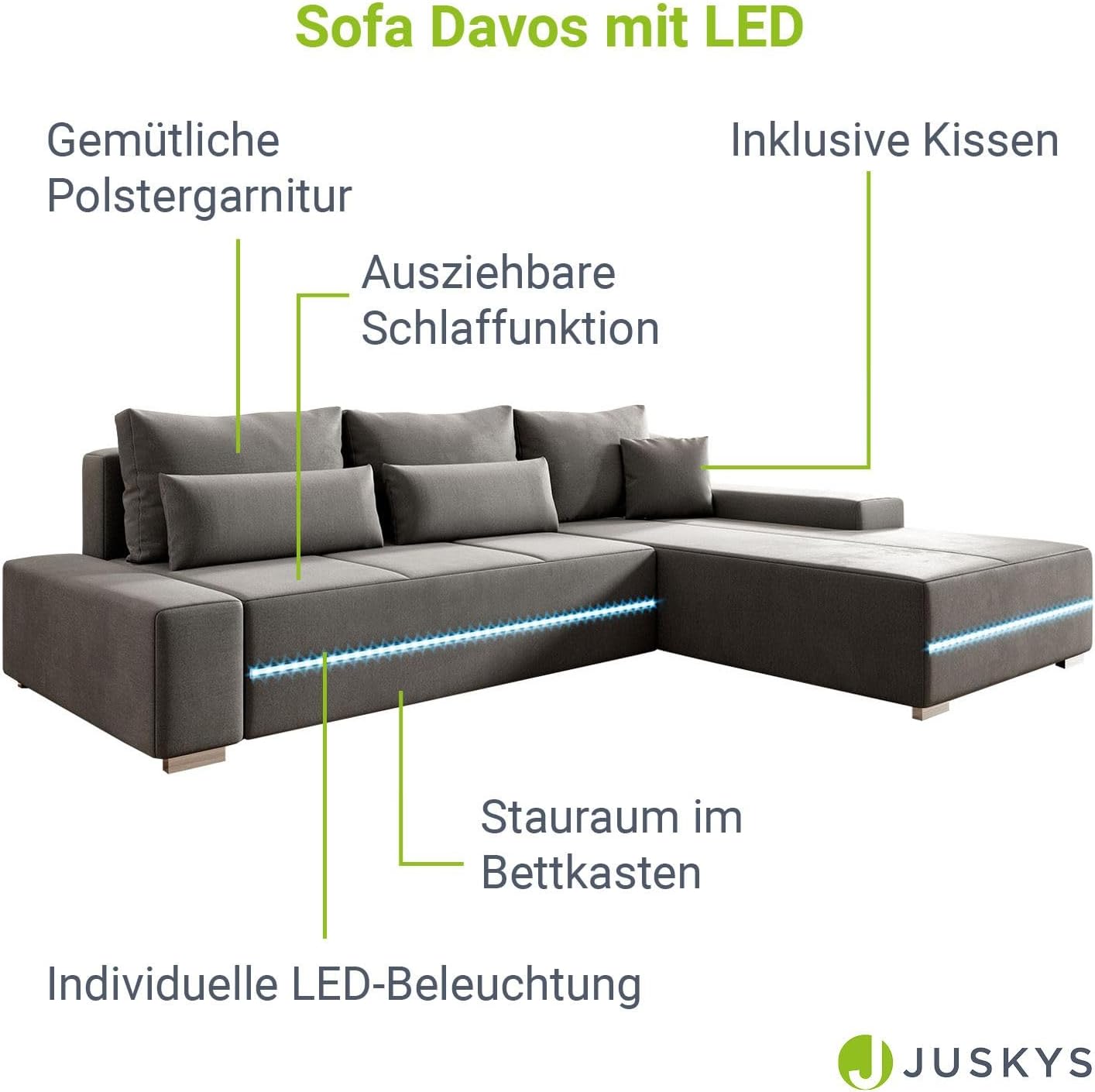 Juskys Sofa Davos Rechts mit Schlaffunktion - Ecksofa für Wohnzimmer mit Bettkasten & LED - Stoff Schlafsofa L Form Couch Beleuchtung - Hellgrau