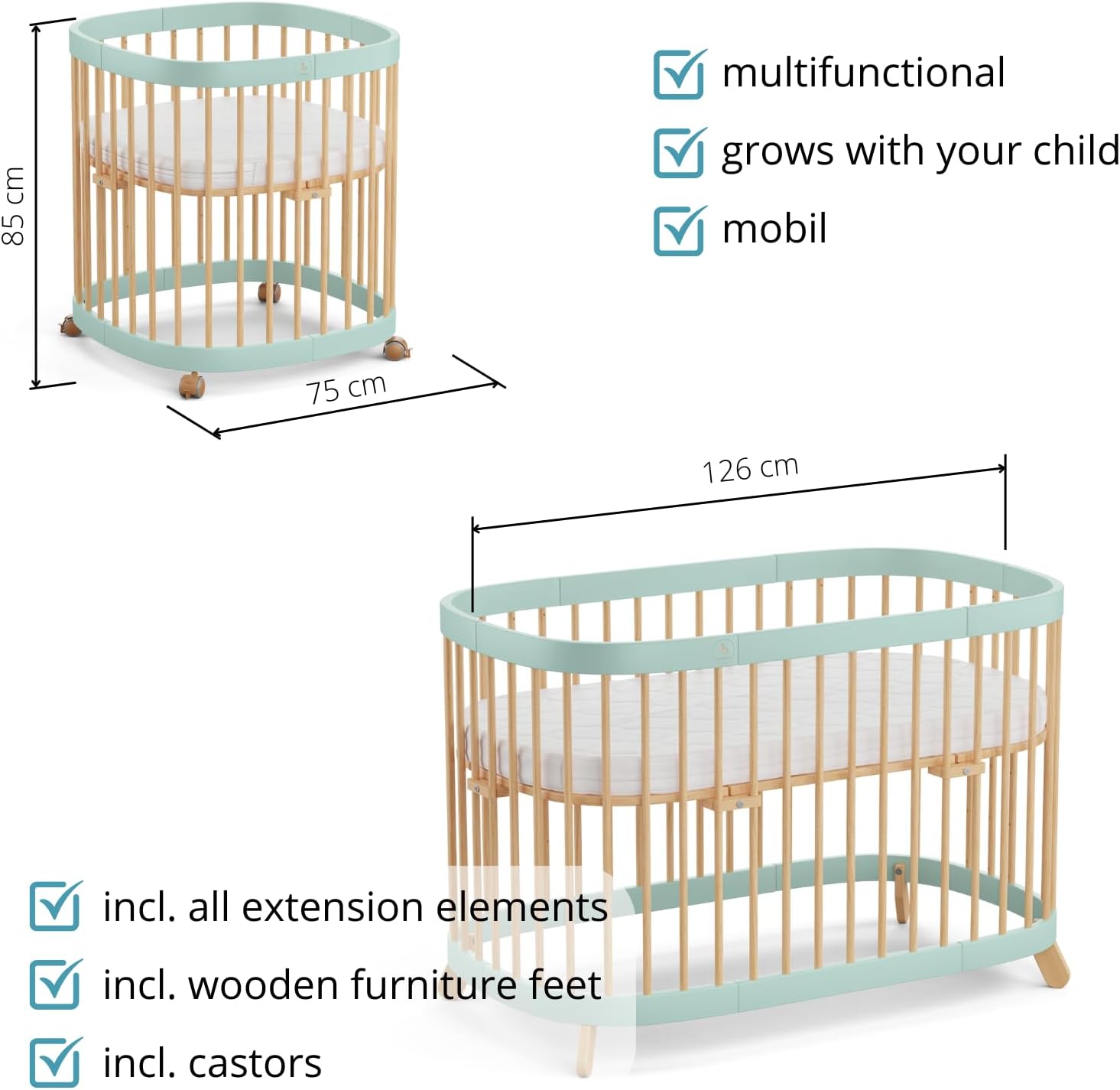 tweeto® Babybett 7 in 1 – mitwachsendes Babybett aus Holz | höhenverstellbares Beistellbett & Gitterbett | umbaubar zu Kinderbett & Laufstall (Buche Natur)