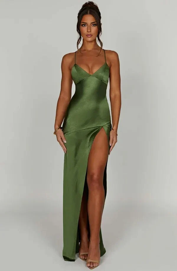 Damen Cocktail-Maxikleid aus Satin mit V-Ausschnitt und Schlitz