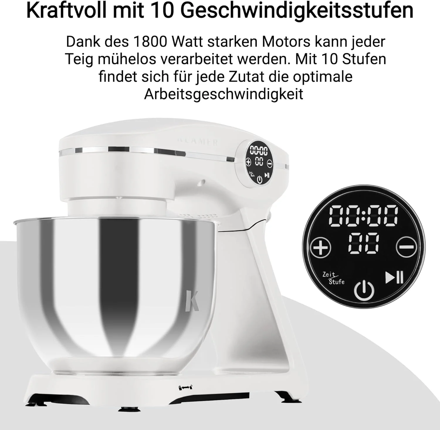 KLAMER Keukenmachine 1800W, Kneedmachine met 6 Liter RVS Kom, 10 Snelheidsstanden met Timer, Klopper, Deeghaak, Garde en Spatdeksel