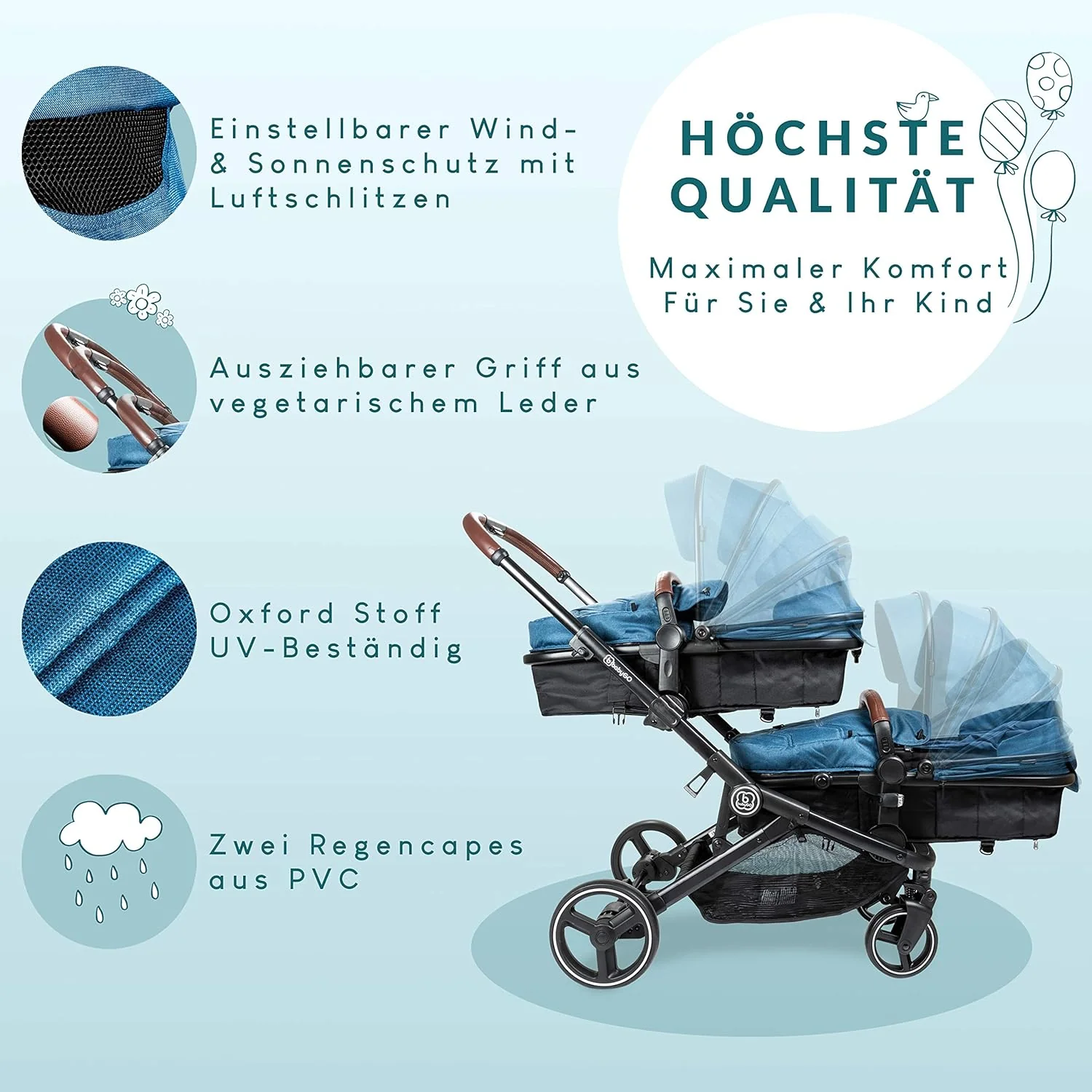 babyGO Kinderwagen 3-in-1 voor tweelingen - Duowandelwagen/tweelingwandelwagen voor baby's - Tweelingkinderwagen voor 2 kinderen met veel accessoires (blauw melange - zonder babyautostoel)