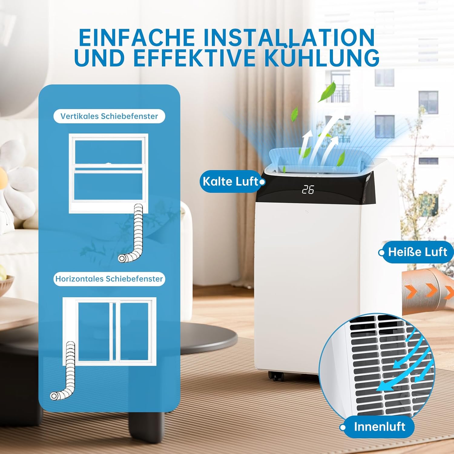 Zstar Mobile Klimaanlage 12000 BTU, 4-in-1 Klimagerät mit Schlafmodus & 24h Timer, kühlt Räume bis 550 sqft, ideal für Wohnung, Wohnmobil, Büro – Energieeffizienzklasse A, Schwarz