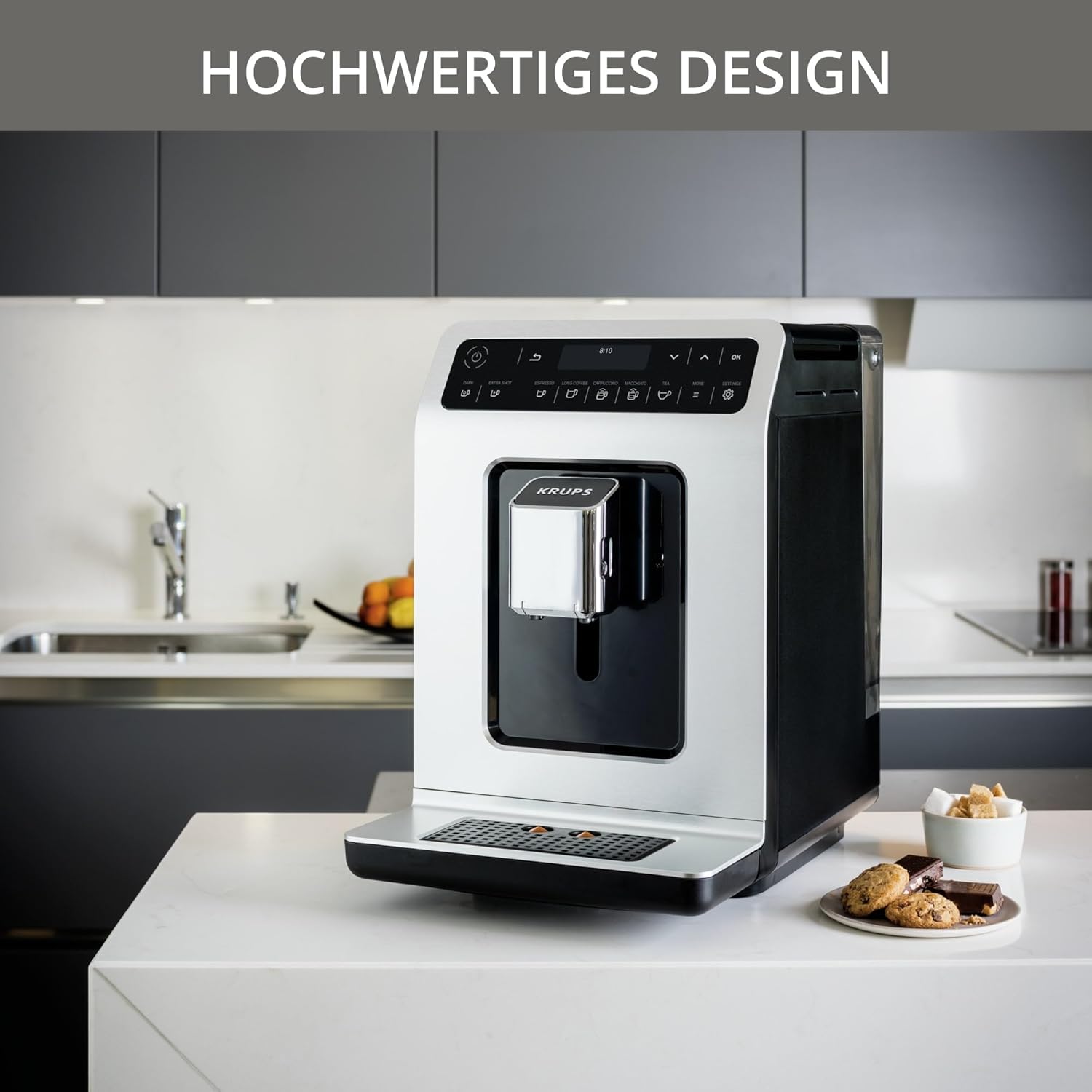 Krups Evidence Kaffeevollautomat mit Milchschaumdüse & 2-Tassen-Funktion, für Espresso, Cappuccino & Latte Macchiato mit cremigem Milchschaum & automatischer Reinigung, Silber/Schwarz, EA891D10