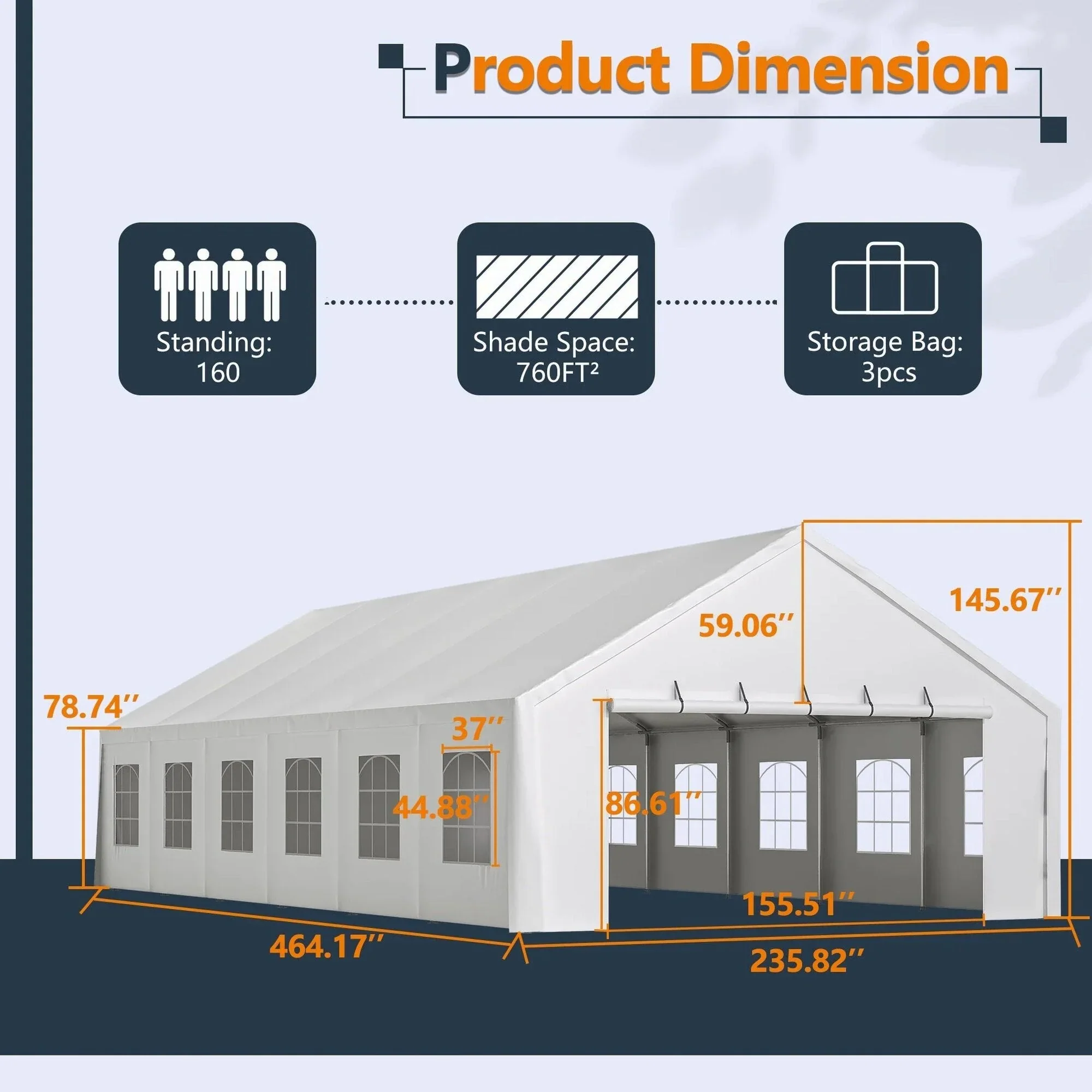 20x40 FT Heavy-Duty Party Tent with 3 Storage Bags - Large Waterproof Wedding Event Shelter for Removable Sidewalls & Zipper Door - Outdoor Commercial Tent for Parties Carport Camping BBQ Garden