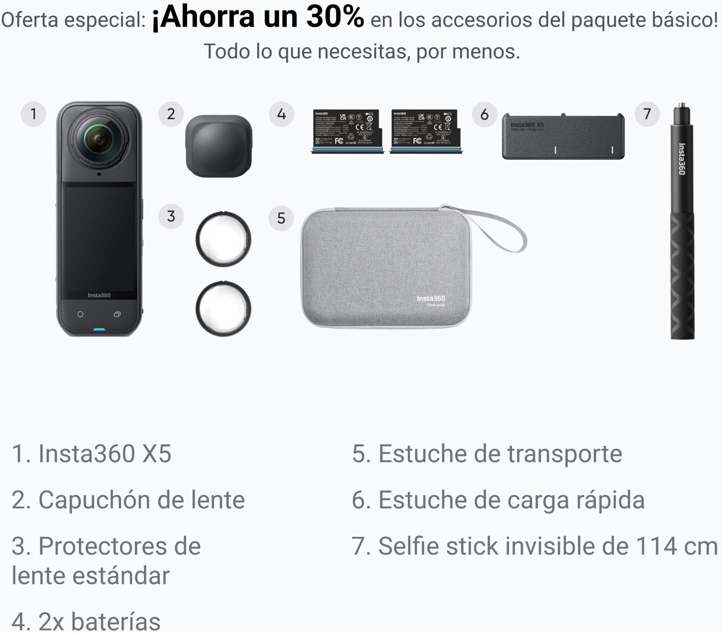 Insta360 X5 Paquete Esencial - Cámara 8K 360º Impermeable, líder con Poca luz, Efecto Selfie Stick Invisible, Lente Dura y reemplazable, batería de 3h, antiviento Incorporado, estabilización