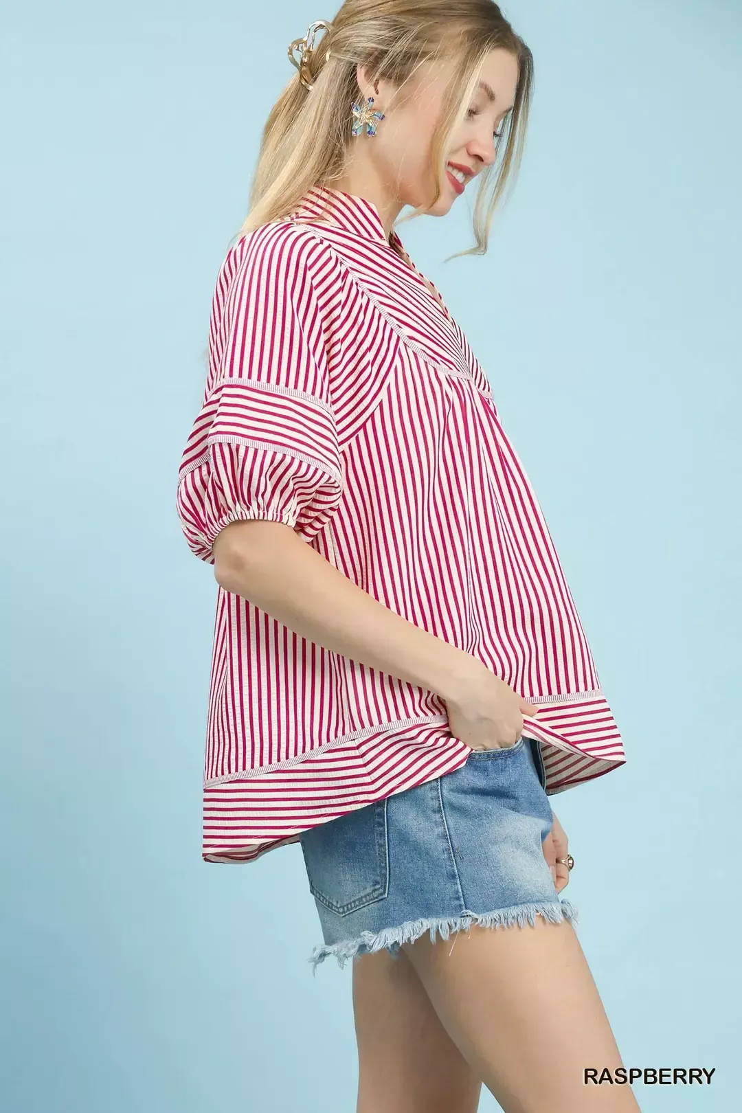 Umgee Striped Puff Sleeve Babydoll Top