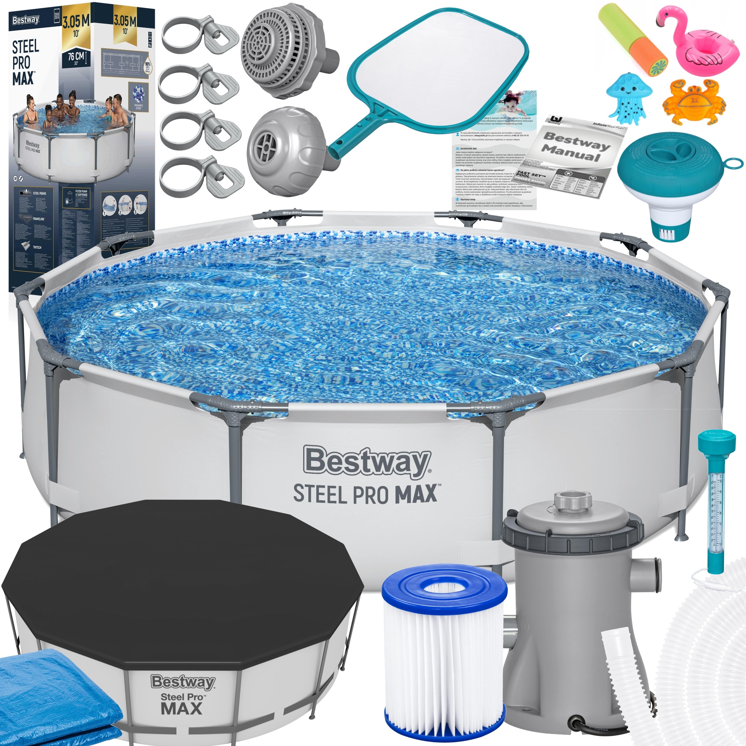 BASEN STELAŻOWY OGRODOWY BESTWAY 56408 305x76 CM DUŻY ZESTAW POKRYWA MATA