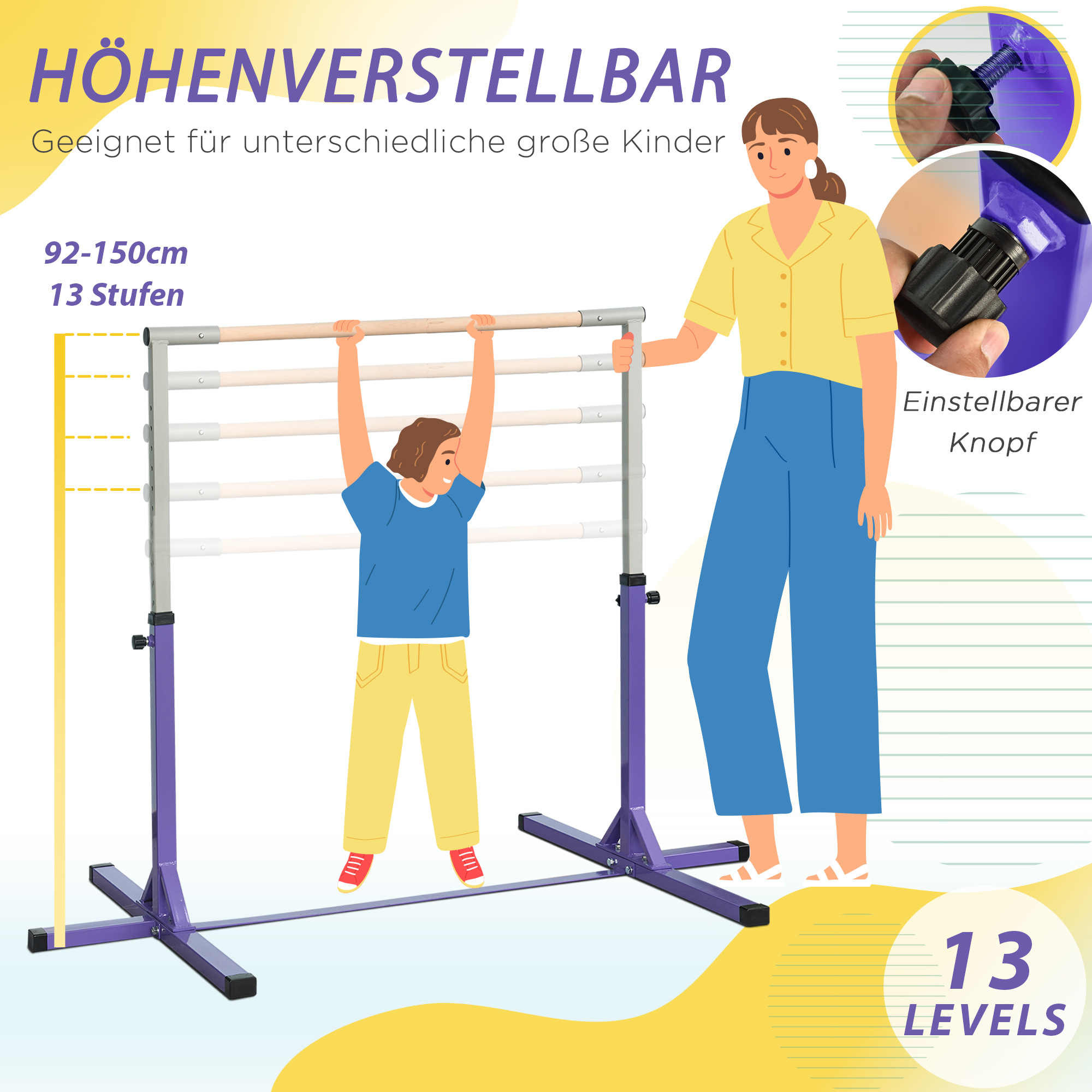 Gymnastiek-Turnrek, Rekstang, 13 in hoogte verstelbaar, tot 75 kg belastbaar, Staal, Beukenhout, Paars