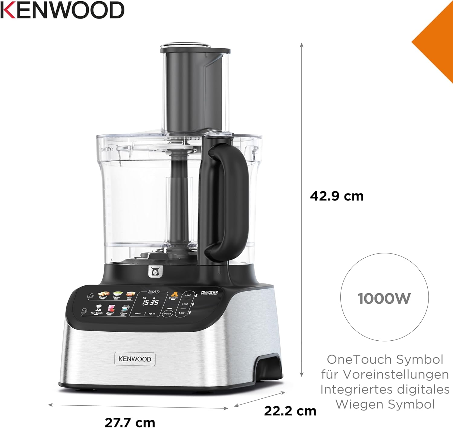 Kenwood MultiPro OneTouch FDM73.850SS – 3-in-1 Kompakt-Küchenmaschine & Mixer, 12 Zubehörteile, 6 Automatikprogramme, Variable Geschwindigkeit & Pulse-Funktion, Integrierte Waage, 1000 W, Silber