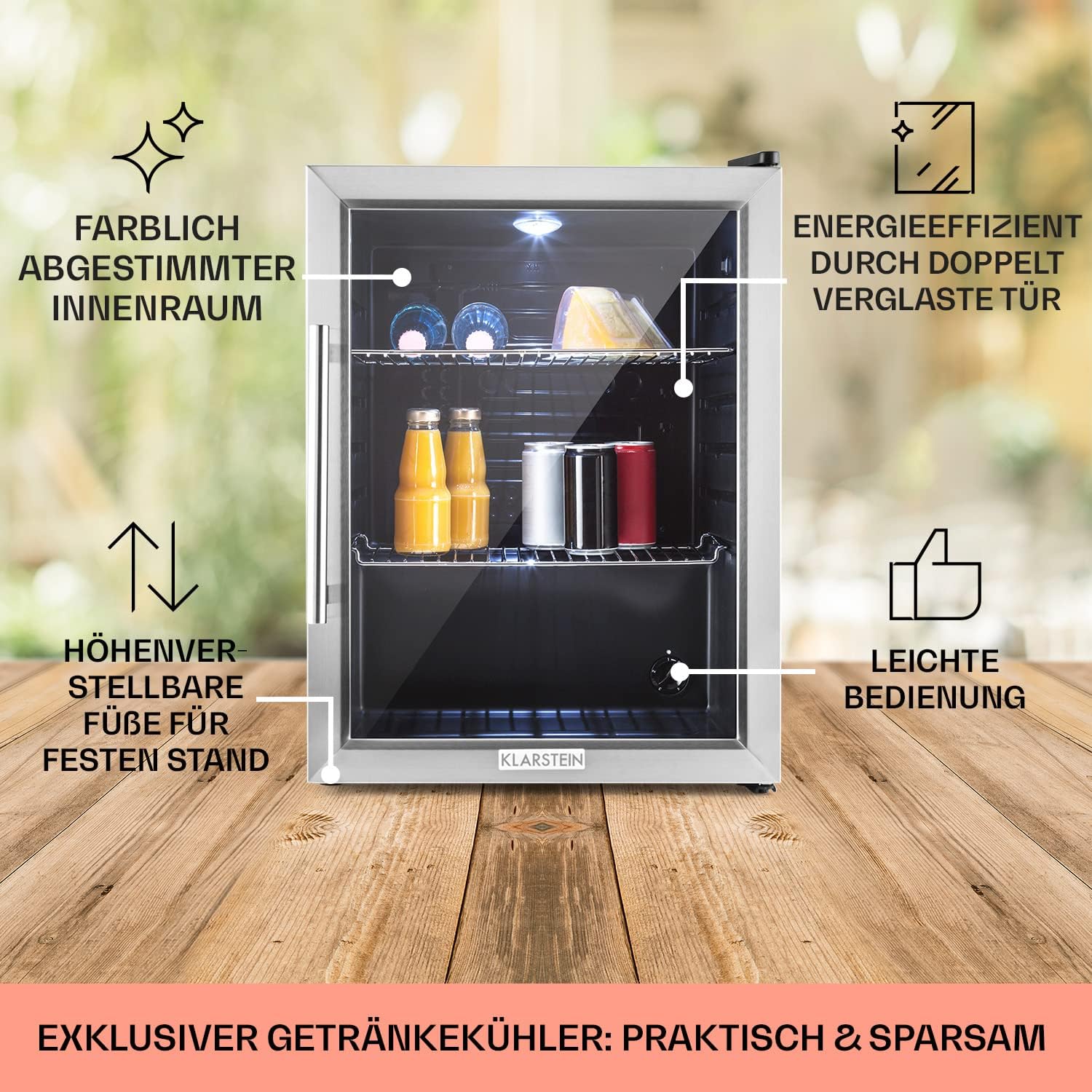 Klarstein Mini Koelkast met Glazen Deur voor Kamer, Drankenkoelkast met Verstelbare Planken, Klein 80 Liter, Indoor/Outdoor Koelkast Stil