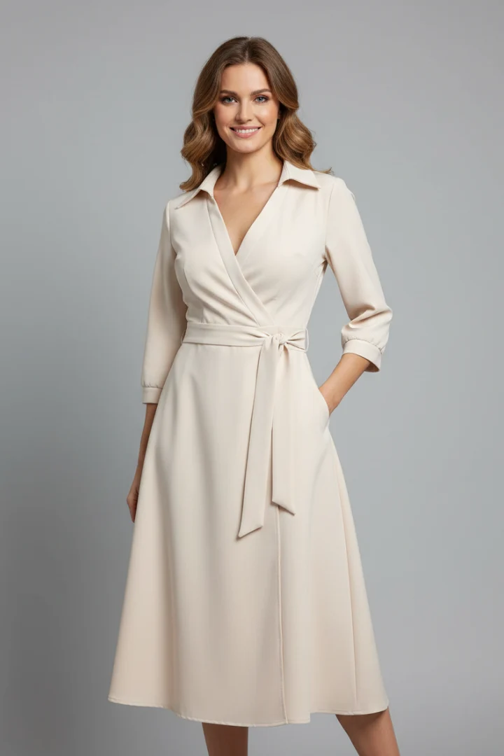Damen Midi-Kleid mit V-Ausschnitt und Reverskragen | Langarm A-Linien Kleid mit Bindeg��rtel und Schlitz | Klassisches Midikleid