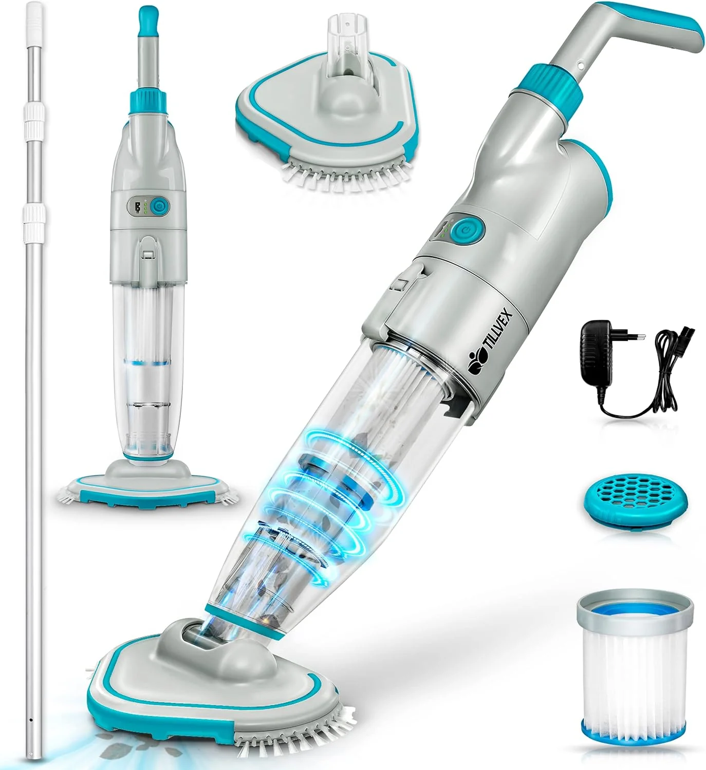tillvex Limpiafondos Eléctrico de Piscina | Set Aspirador de Fondo Automático con Mango Telescópico | Aspiradora Inalámbrica de Limpieza con Filtro y 2 Velocidades