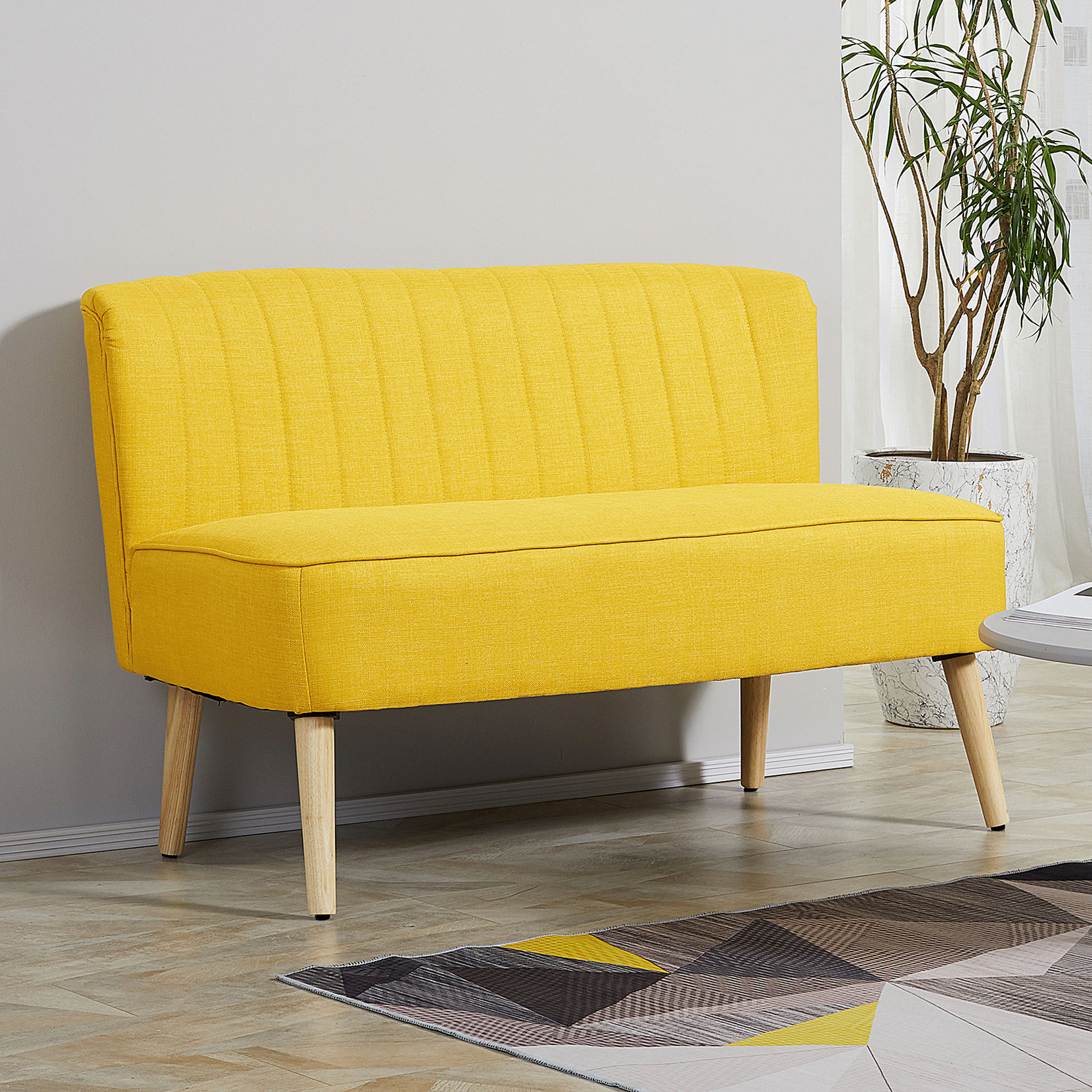 Sofa Retrodesign 2-zitsbank, houten poten, 117 cm x 56,5 cm x 77 cm, Geel