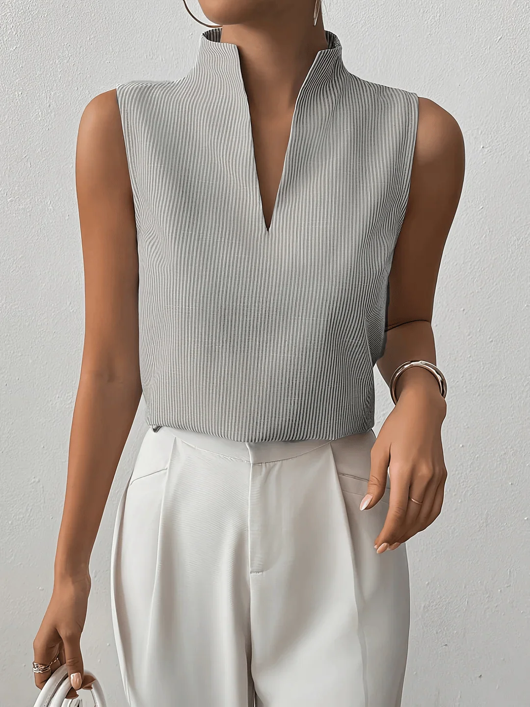 ?rmellose Bluse f��r Damen mit Streifenmuster | Elegantes Business Top mit Stehkragen und V-Ausschnitt f��r das B��ro