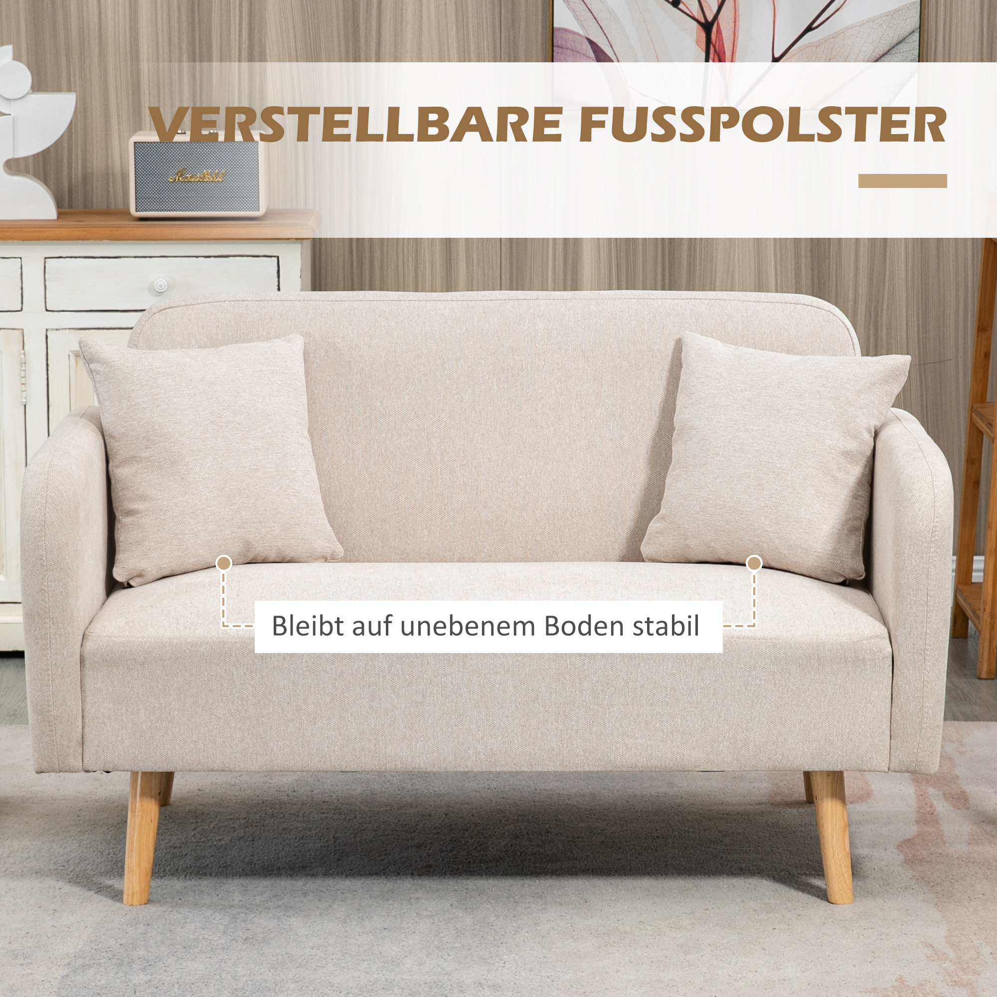 2-zitsbank, Moderne Design Bank, inclusief 2 kussens, houten poten, 130 x 70 x 80 cm, Cr��me
