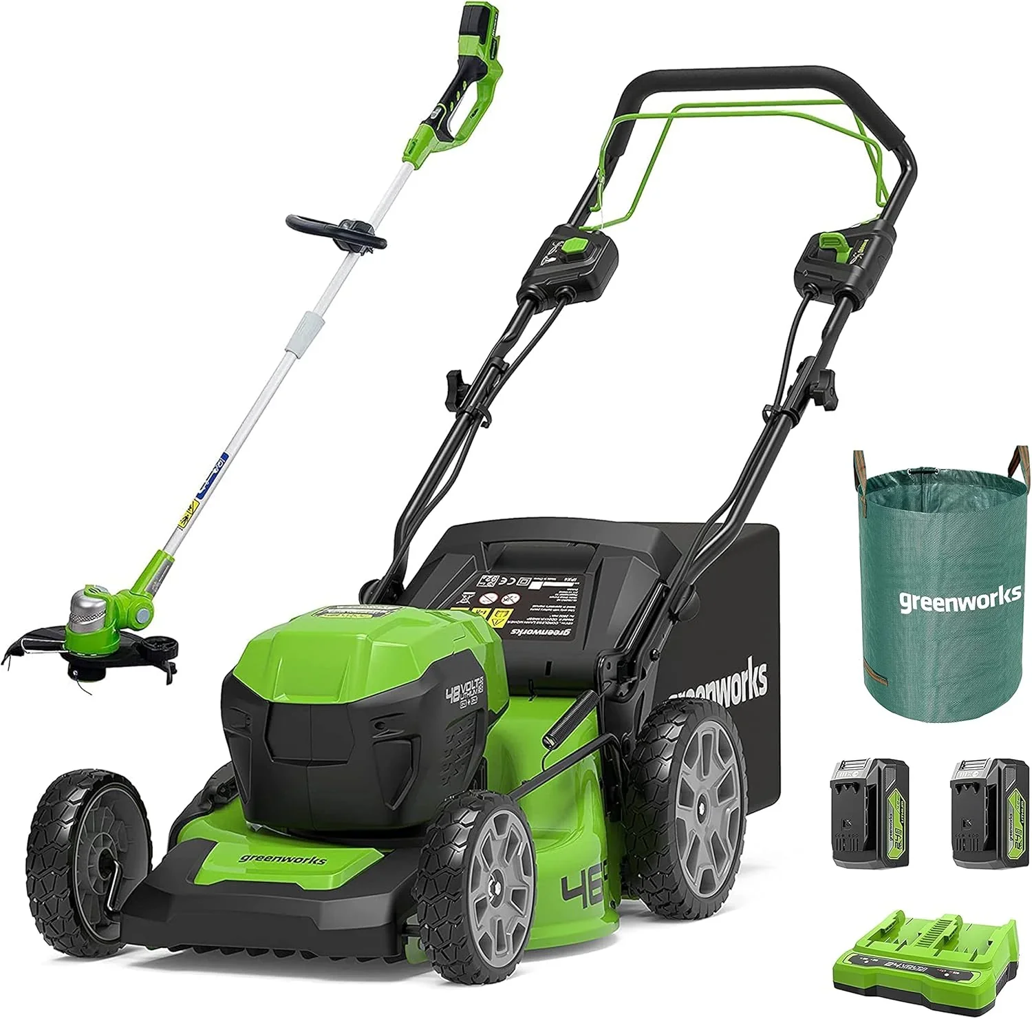 Greenworks 48V (2x24V) Selbstfahrender Akku Rasenmher f��r groe Flchen bis zu 480m, 46cm Schnittbreite, 55L Sack PLUS zwei 4Ah-Akkus und Doppelladegert GD24X2LM46SPK4X