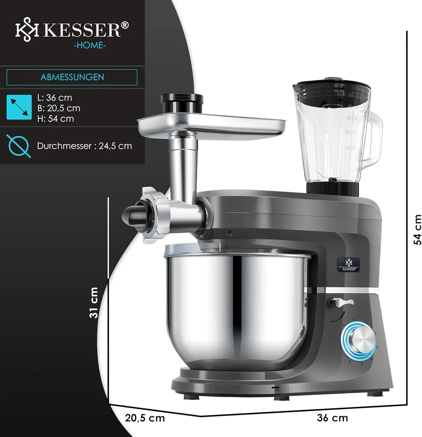 KESSER? 3 in 1 Universal K��chenmaschine K-KM 3000 mit Fleischwolf Knetmaschine Multifunktionale R��hrmaschine 5,5L Sch��ssel mit 3 R��hrwerkzeuge, 1,5L Entsafter, Zubeh?r-Set, Pasta & Geb?ckformen