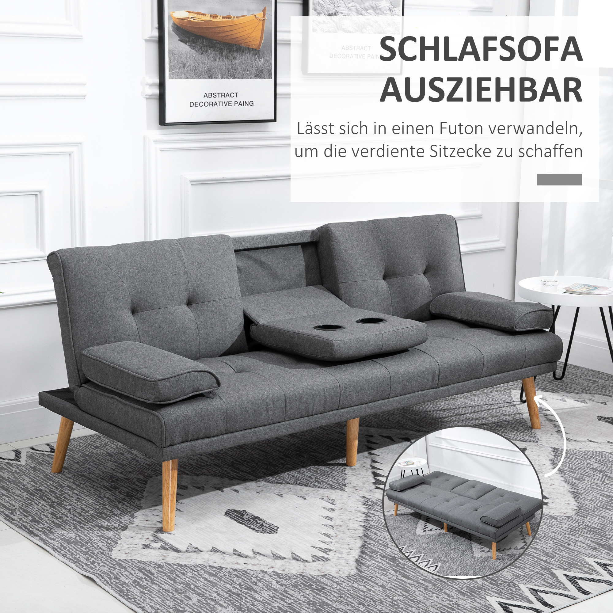 Slaapbank in Scandinavisch design, 3-zitsbank, 2 kussens, Grijs + Natuur