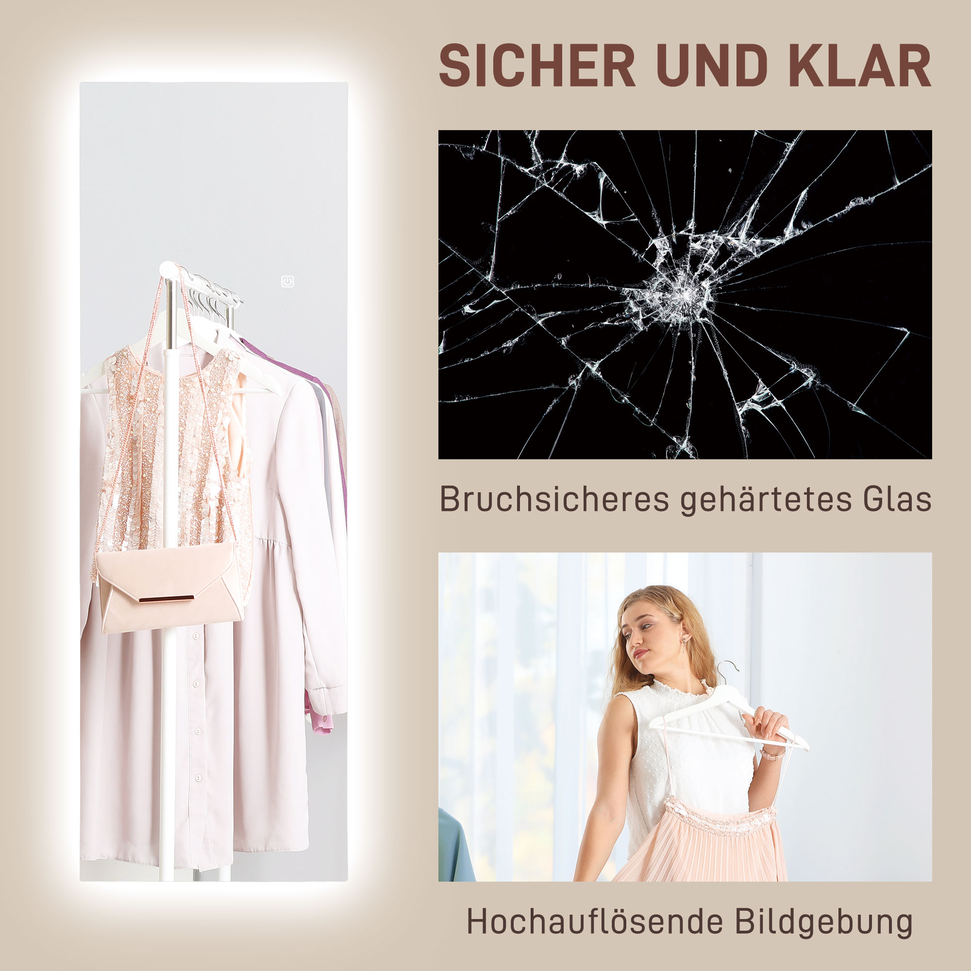 LED Volledige lichaamsspiegel, dimbaar, randloos, Touch-bediening, 40 x 120 cm