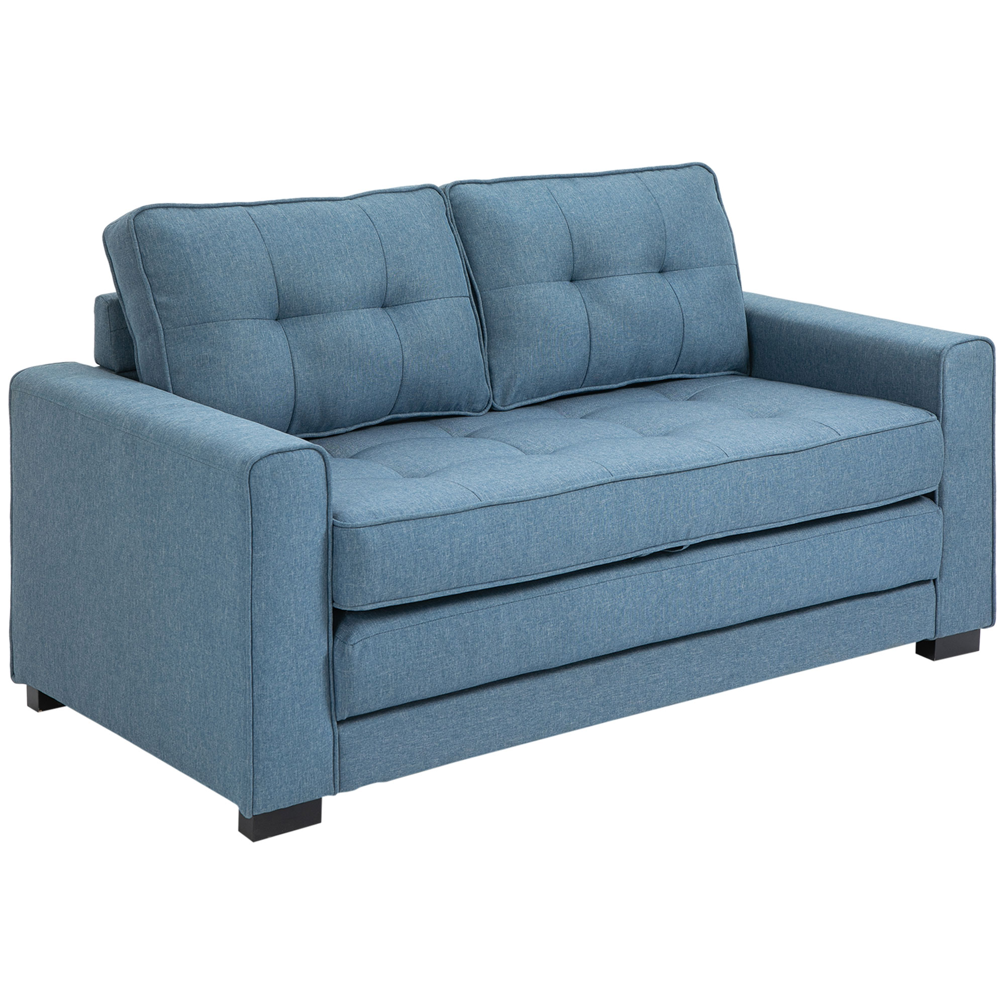 slaapbank, opklapbare sofa 2-zits, stoffen slaapbank, sofa met slaapfunctie, linnen touch, rubber hout, blauw, 147.5 x 75 x 85 cm