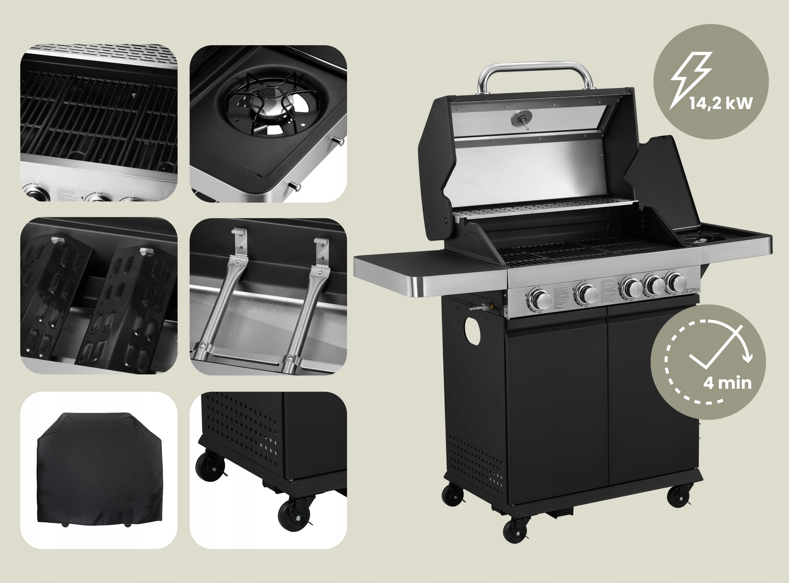 GRILL GAZOWY 4+1 RUSZTEM ŻELIWNYM OGRODOWY 14,20 kW NIERDZEWNY + POKROWIEC