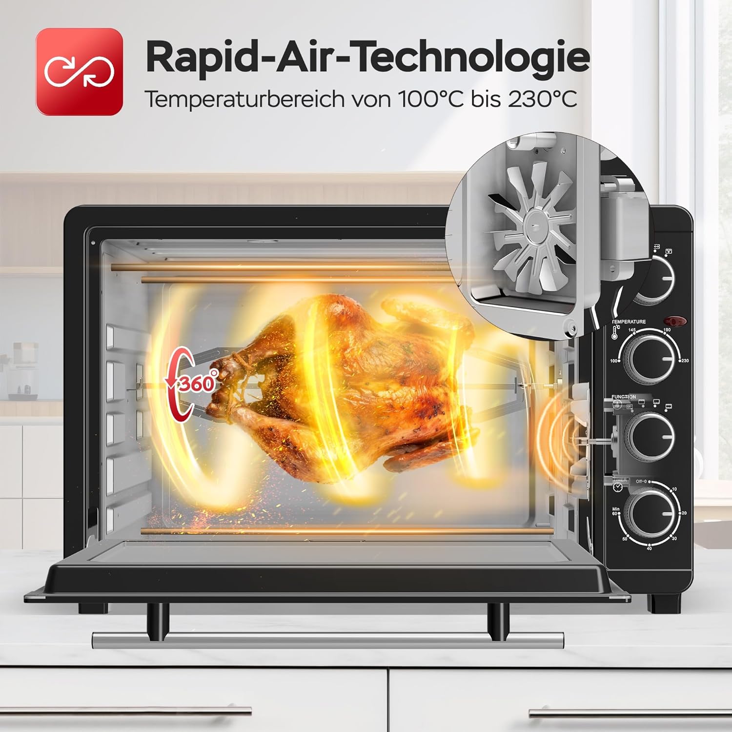 TurboTronic Minibackofen mit Umluft 45L schwarz 2000W, Drehspieß, Timer, Mini Backofen, Pizzaofen, 2 Backbleche, Grill