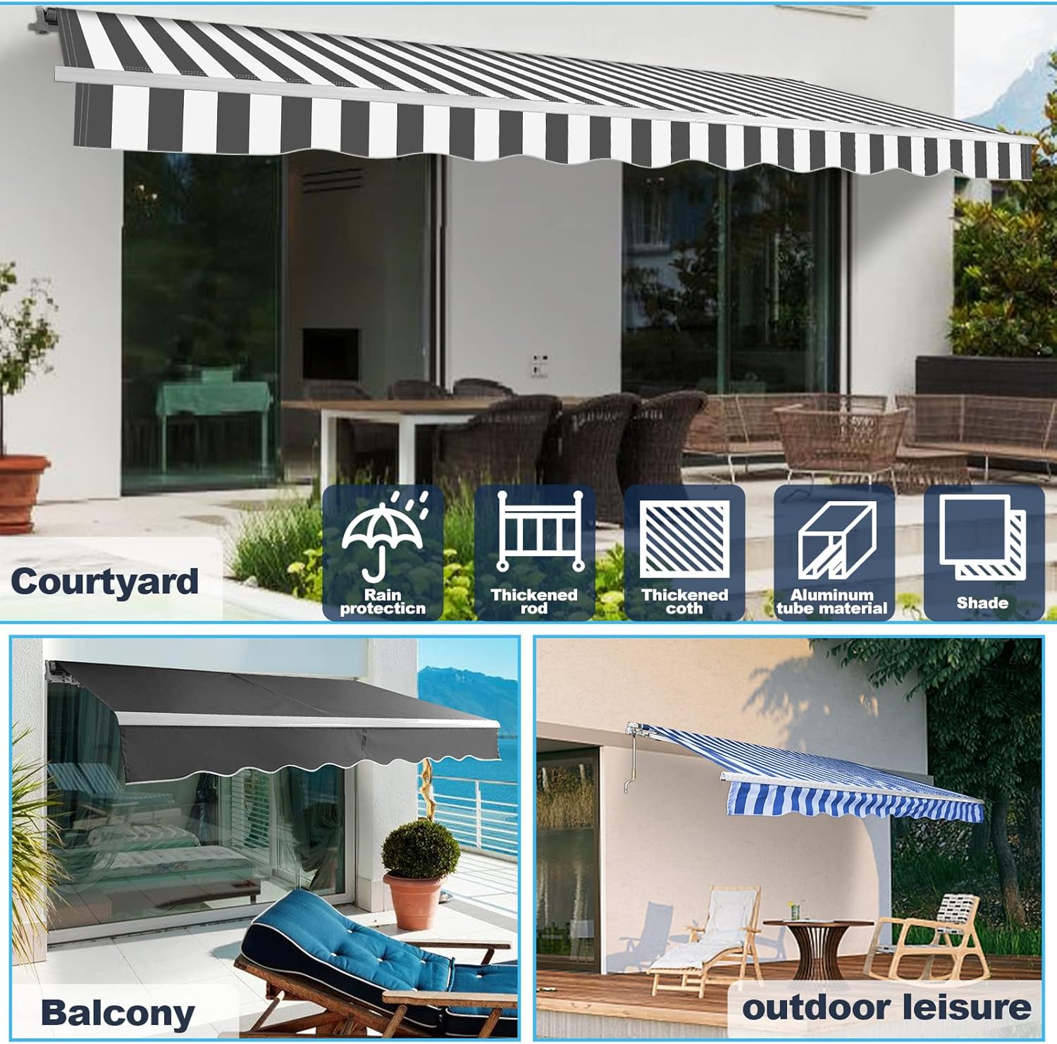 manuelle Gelenkarmmarkise 350 x 300 cm Markise Sonnenmarkise Sonnenschutz mit Kurbel, Anti-UV und wasserfest, Alu/Polyester für Balkon, Terrasse, Garten, Grau
