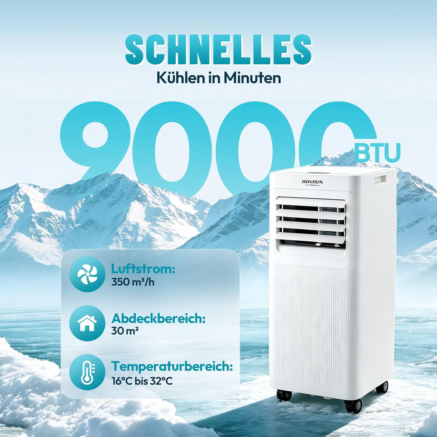 ROVSUN 3 in 1 Klimaanlage Mobil 9000 BTU mit Abluftschlauch, Moiles Klimagerät Mini Klimaanlage mit LED-Display & Fernbedienung & APP, 24H-Timer (9000, BTU)