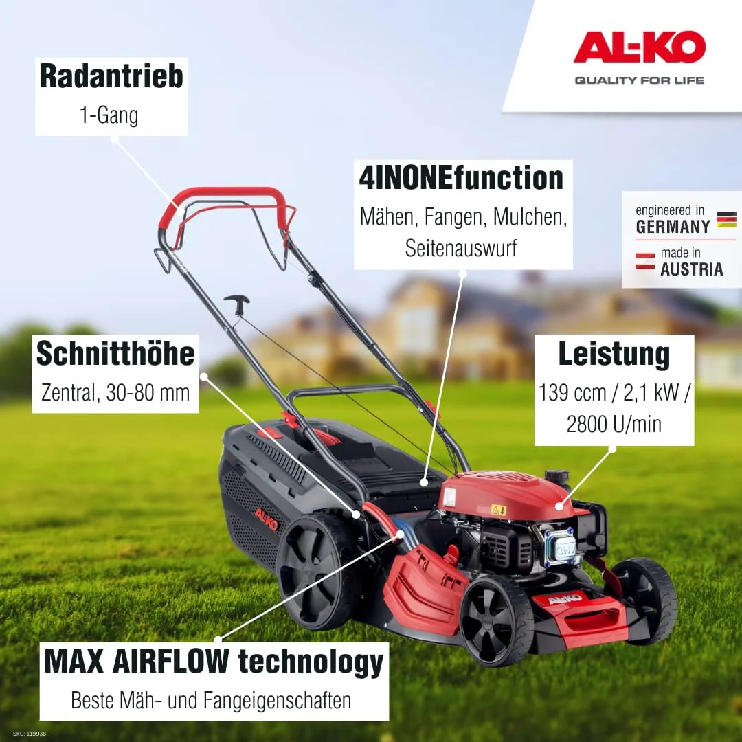 AL-KO Benzine grasmaaier Comfort 46.0 SP-A Plus (46 cm maaibreedte, 2.1 kW motorvermogen, Robuuste plaatstalen behuizing, Achterwielaandrijving, Mulchfunctie, Zij-uitworp, voor gazons tot 1400 m2)