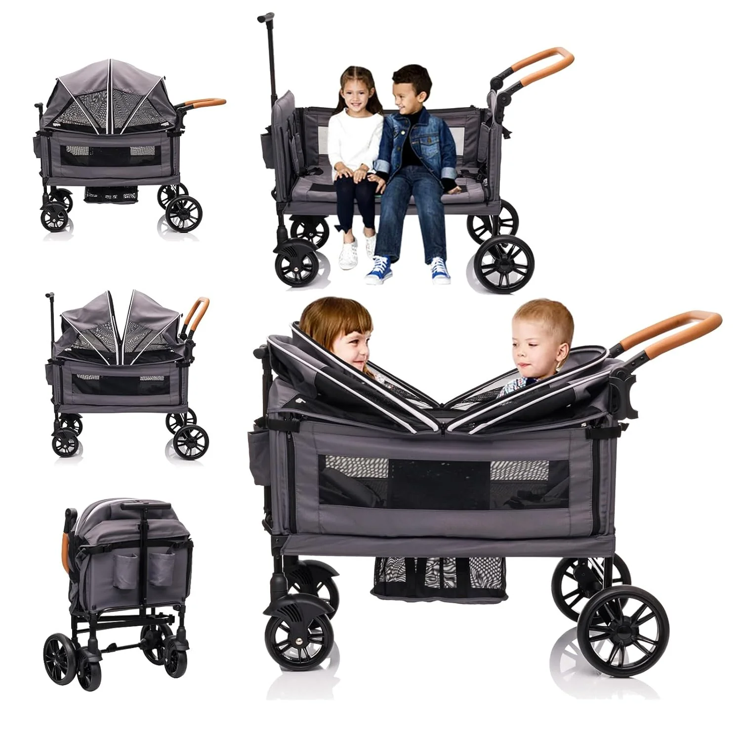 Wagon Stroller for 2 Kids & Cargo-Travel Stroller Push-Pull Double Wagon Lightweight Folding Stroller for Newborn&Toddler with 5-Point Harness.Adjustable Handle Bar and Canopy.Tray Table.Cup Holder