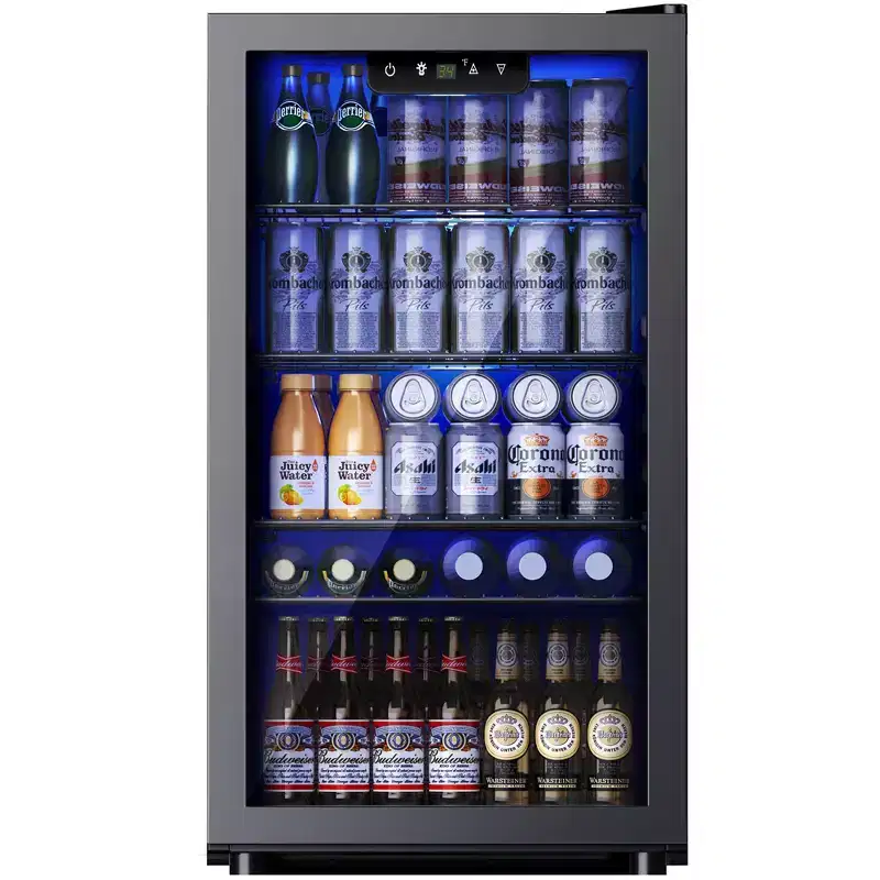 Réfrigérateur à boissons Simzlife 3,2 pi³, 130 canettes, porte en verre réversible et éclairage LED, température réglable, étagères amovibles, économe en énergie