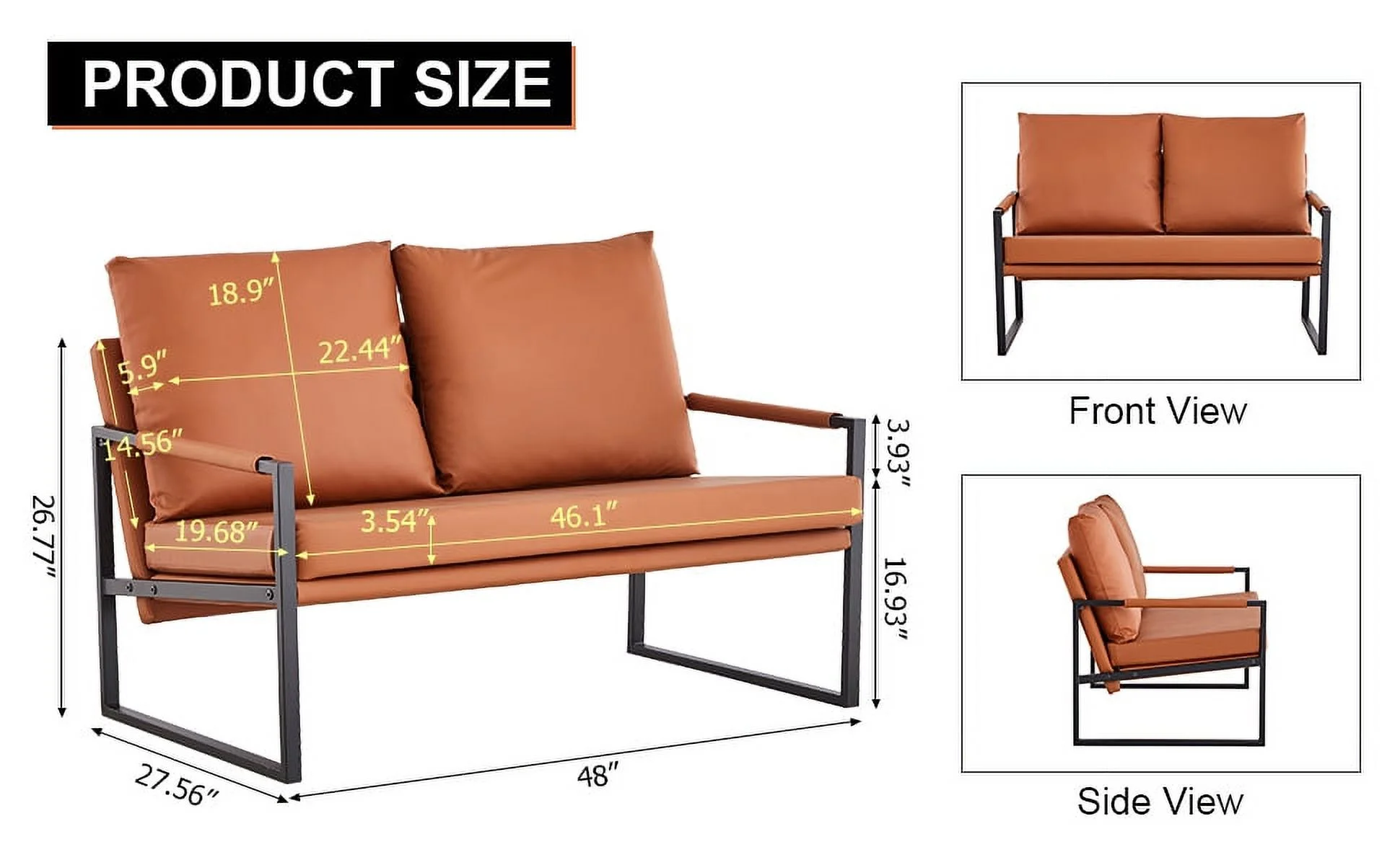 Moderne tweezitsbank met 2 kussens �C Kunstleer, schuim met hoge dichtheid, zwart gelakte metalen frame. Kleur: bruin