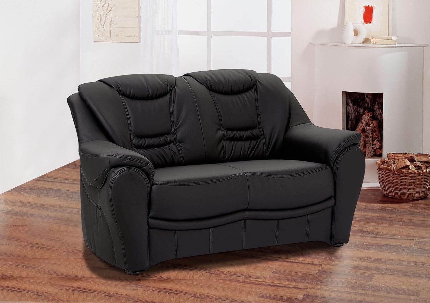 Cavadore 2er Sofa Bansa 2-sitzige Couch in Lederoptik, Kunstleder, schwarz, 148 x 94 x 95 cm