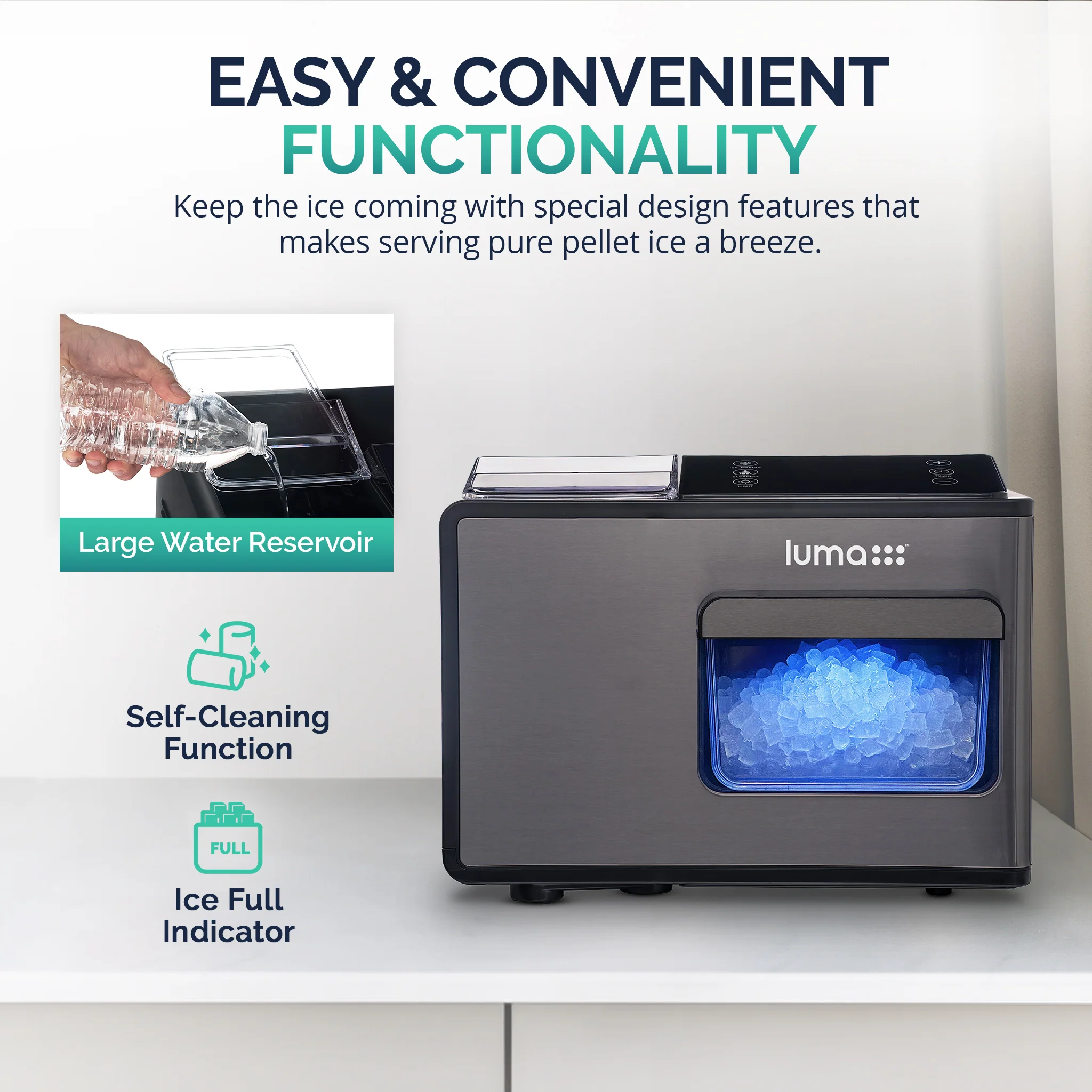 2025 Luma? Bovenblad Ijsmachine, Nugget Ijs, 44 lbs/dag, Zwart Roestvrijstaal