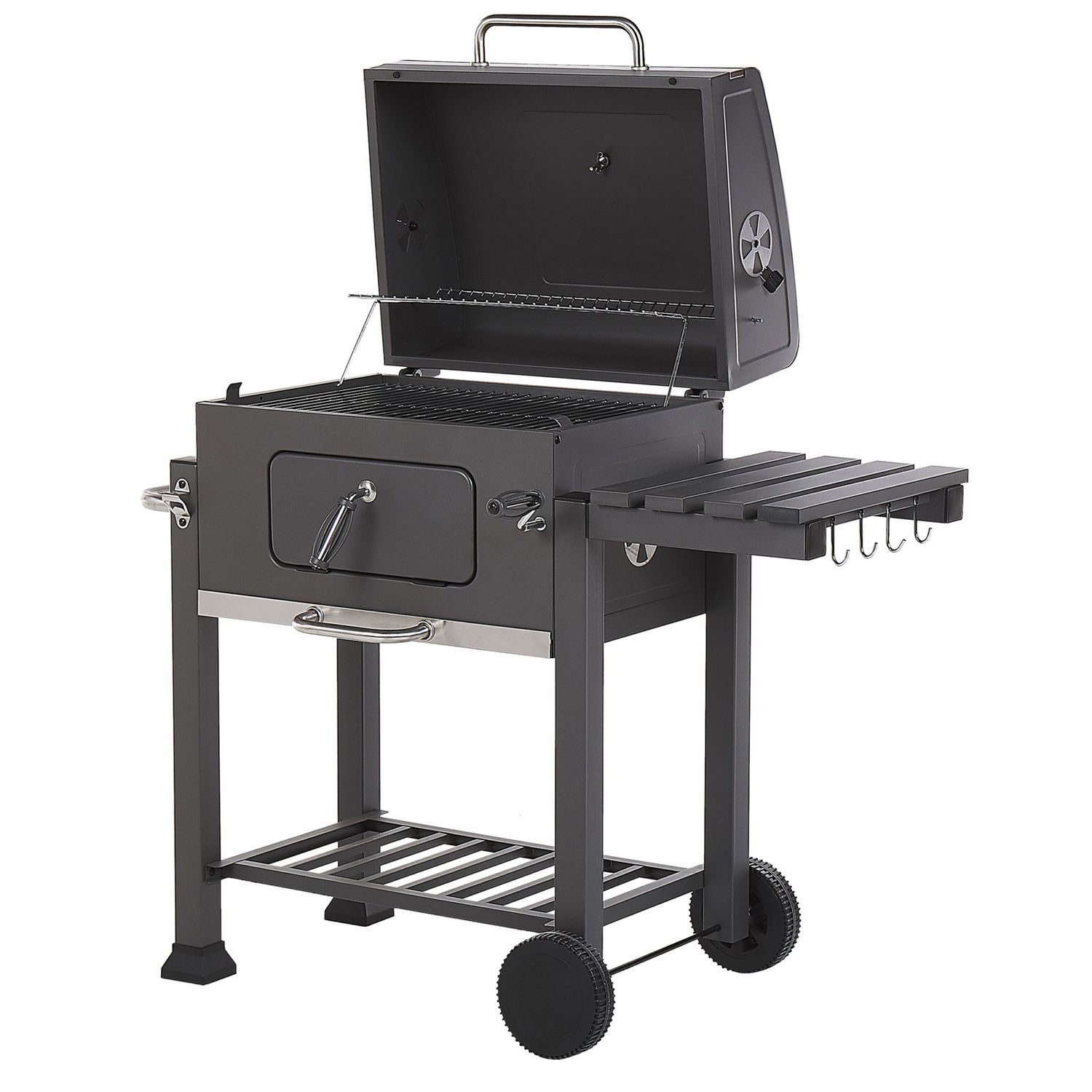 Grill węglowy BBQ, stal szara, z pokrywą, rusztem, kółkami, 2 półkami, termometrem, wyjmowaną popielniczką, Garden Pavlof - szary